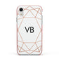 Personalised White Rose Gold Initials Geometric Apple iPhone XR Impact Case Pink Edge on Silver Phone