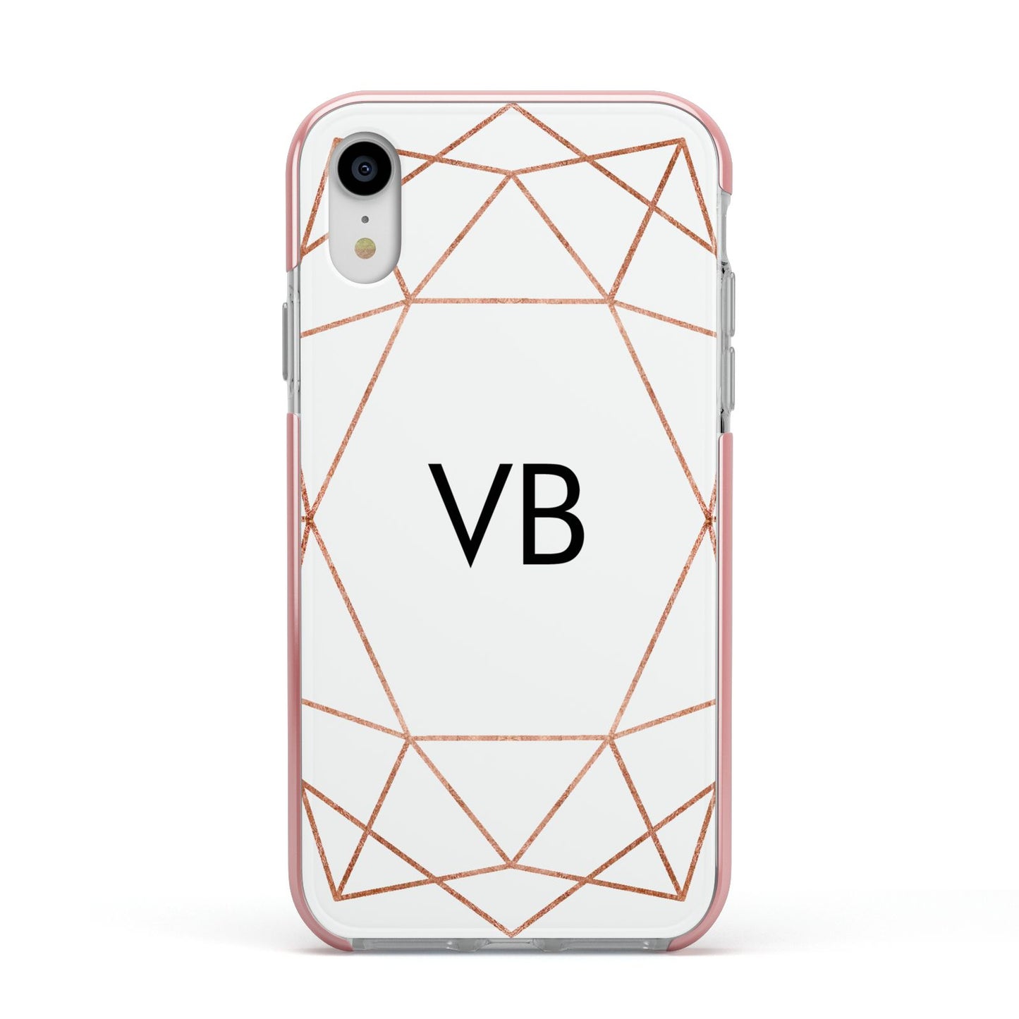 Personalised White Rose Gold Initials Geometric Apple iPhone XR Impact Case Pink Edge on Silver Phone