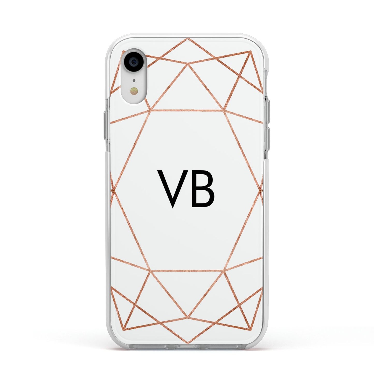 Personalised White Rose Gold Initials Geometric Apple iPhone XR Impact Case White Edge on Silver Phone