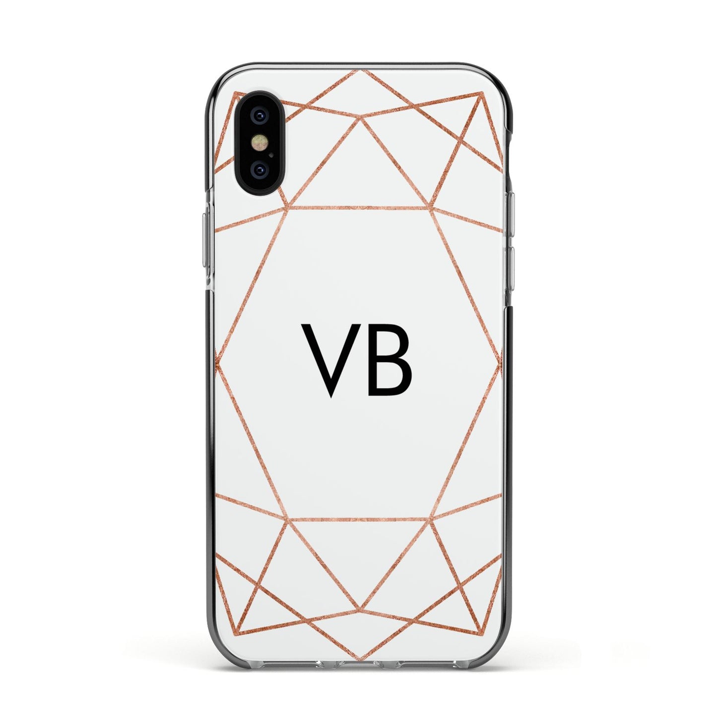 Personalised White Rose Gold Initials Geometric Apple iPhone Xs Impact Case Black Edge on Black Phone