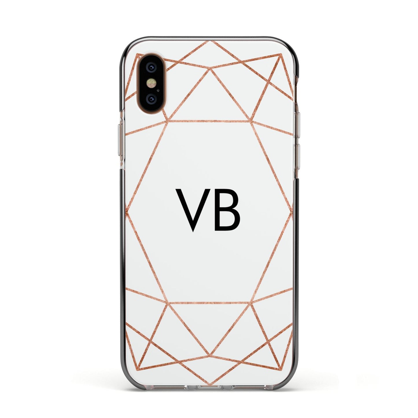 Personalised White Rose Gold Initials Geometric Apple iPhone Xs Impact Case Black Edge on Gold Phone