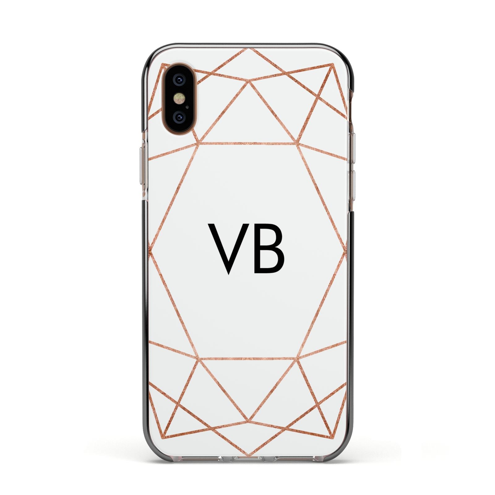 Personalised White Rose Gold Initials Geometric Apple iPhone Xs Impact Case Black Edge on Gold Phone