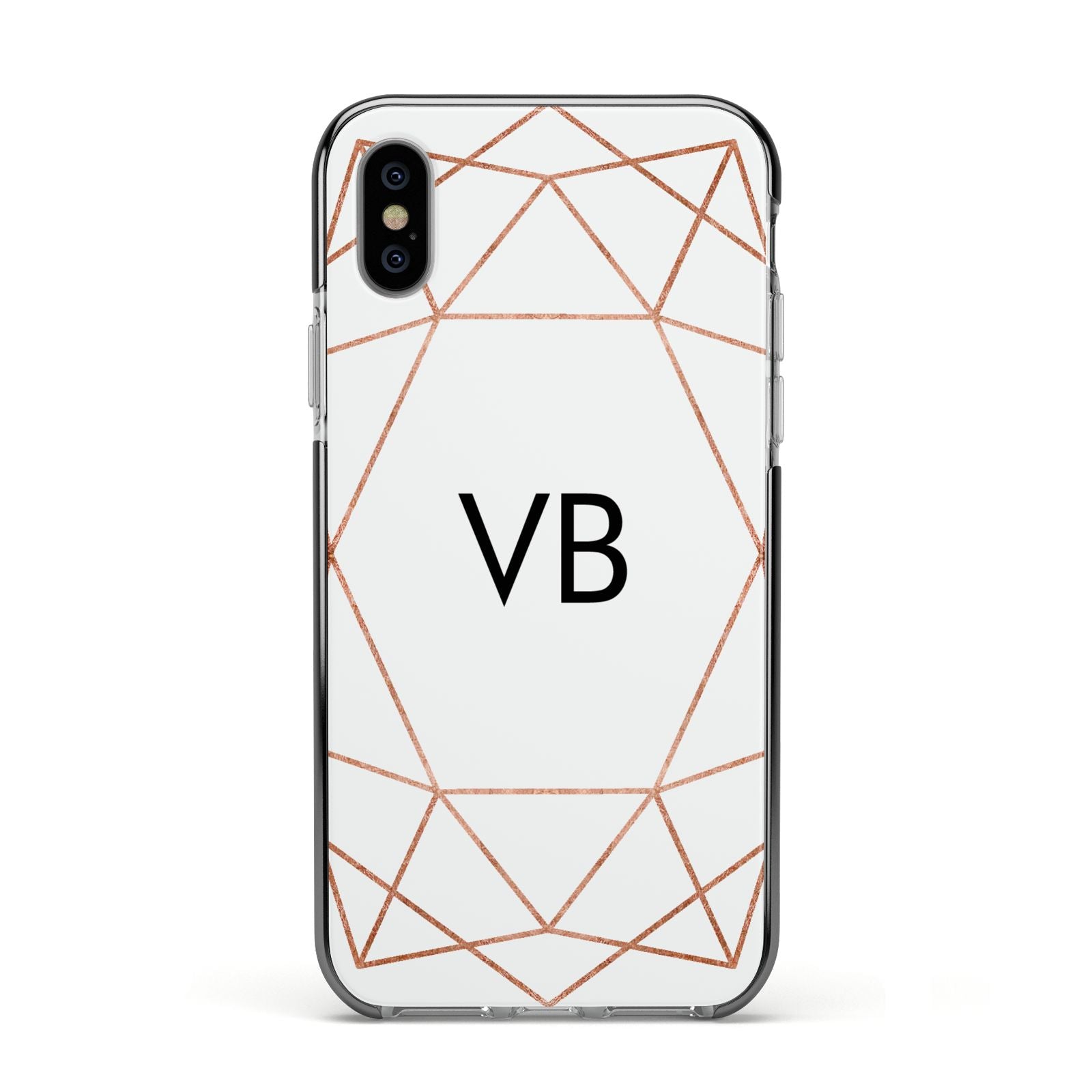 Personalised White Rose Gold Initials Geometric Apple iPhone Xs Impact Case Black Edge on Silver Phone