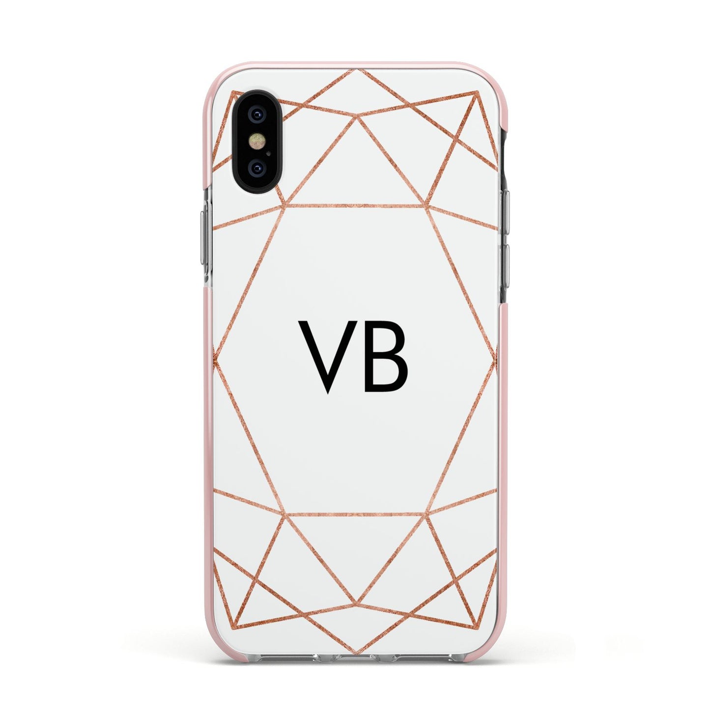 Personalised White Rose Gold Initials Geometric Apple iPhone Xs Impact Case Pink Edge on Black Phone