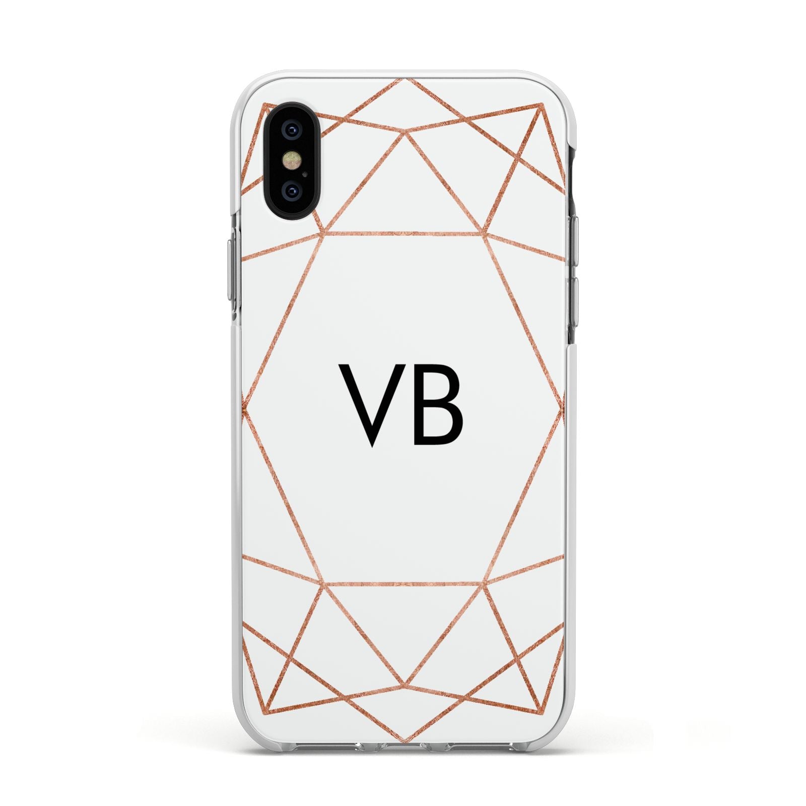 Personalised White Rose Gold Initials Geometric Apple iPhone Xs Impact Case White Edge on Black Phone