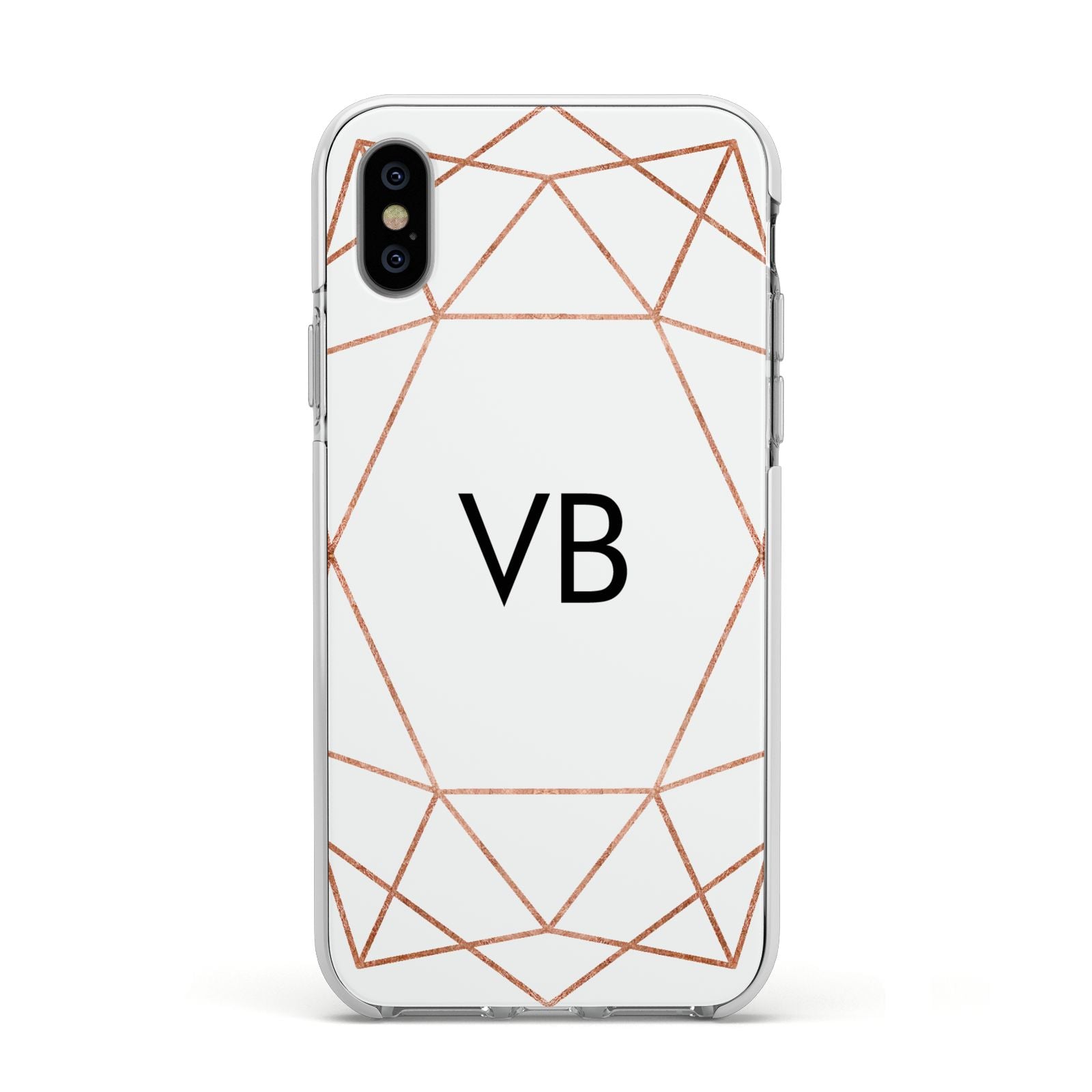Personalised White Rose Gold Initials Geometric Apple iPhone Xs Impact Case White Edge on Silver Phone