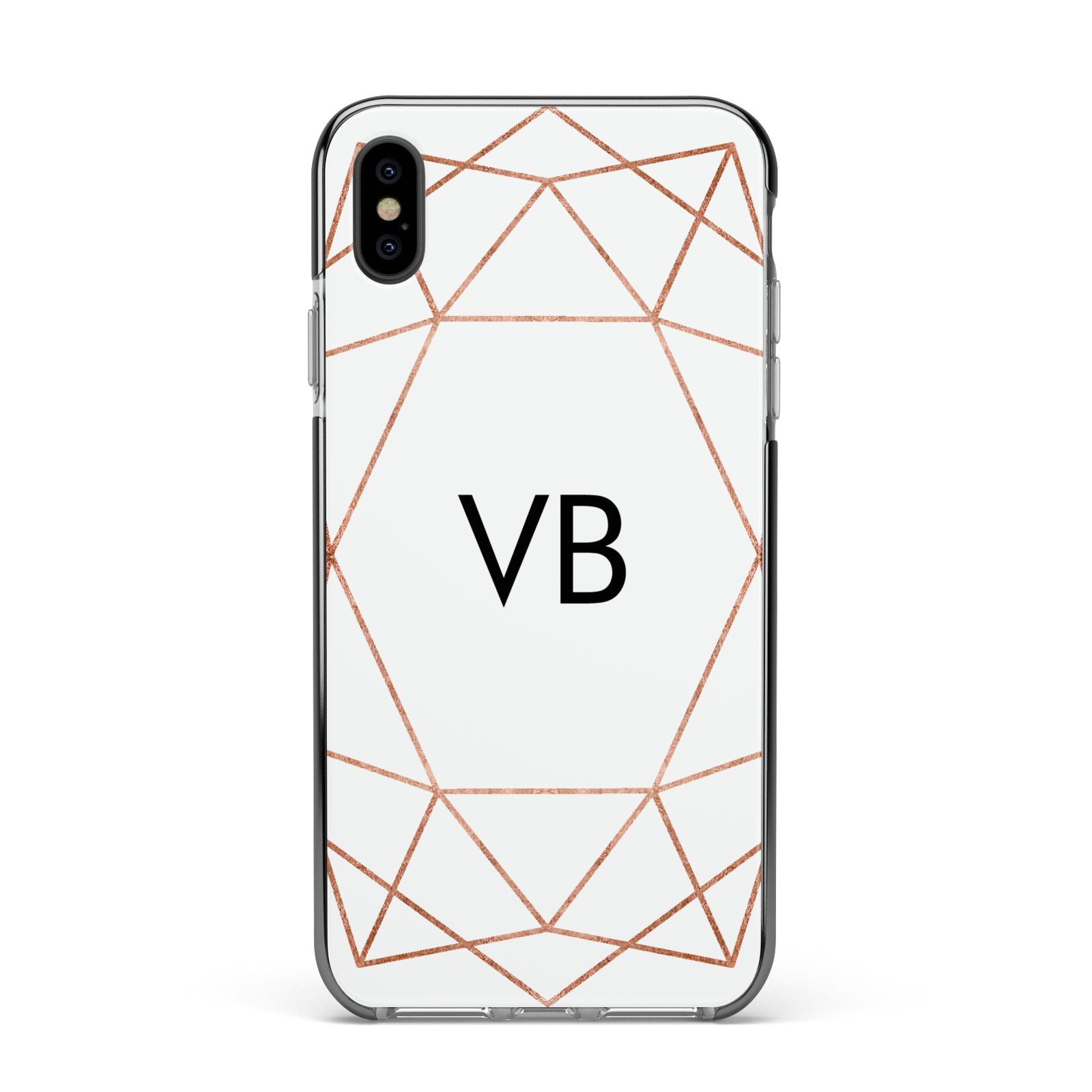 Personalised White Rose Gold Initials Geometric Apple iPhone Xs Max Impact Case Black Edge on Black Phone