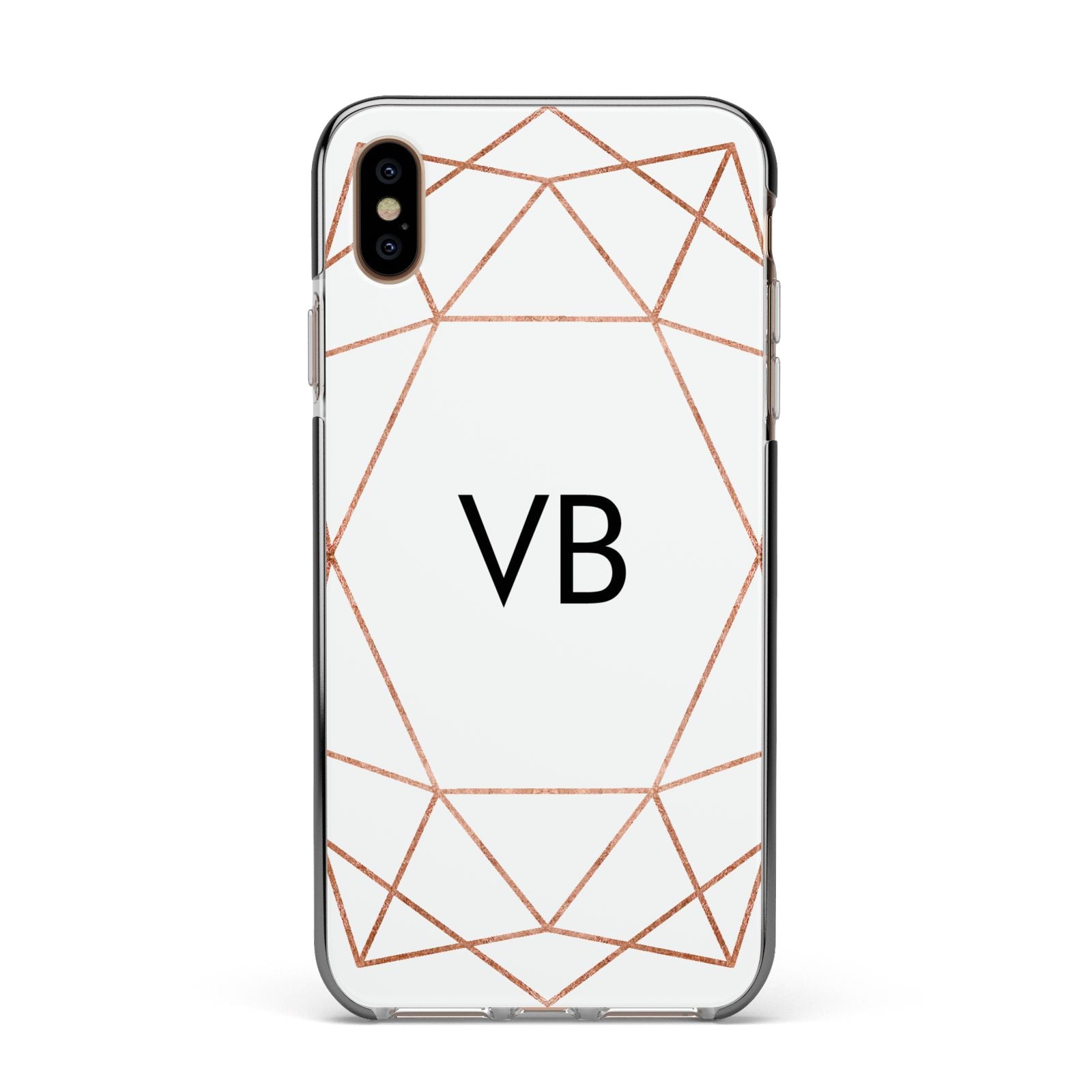 Personalised White Rose Gold Initials Geometric Apple iPhone Xs Max Impact Case Black Edge on Gold Phone