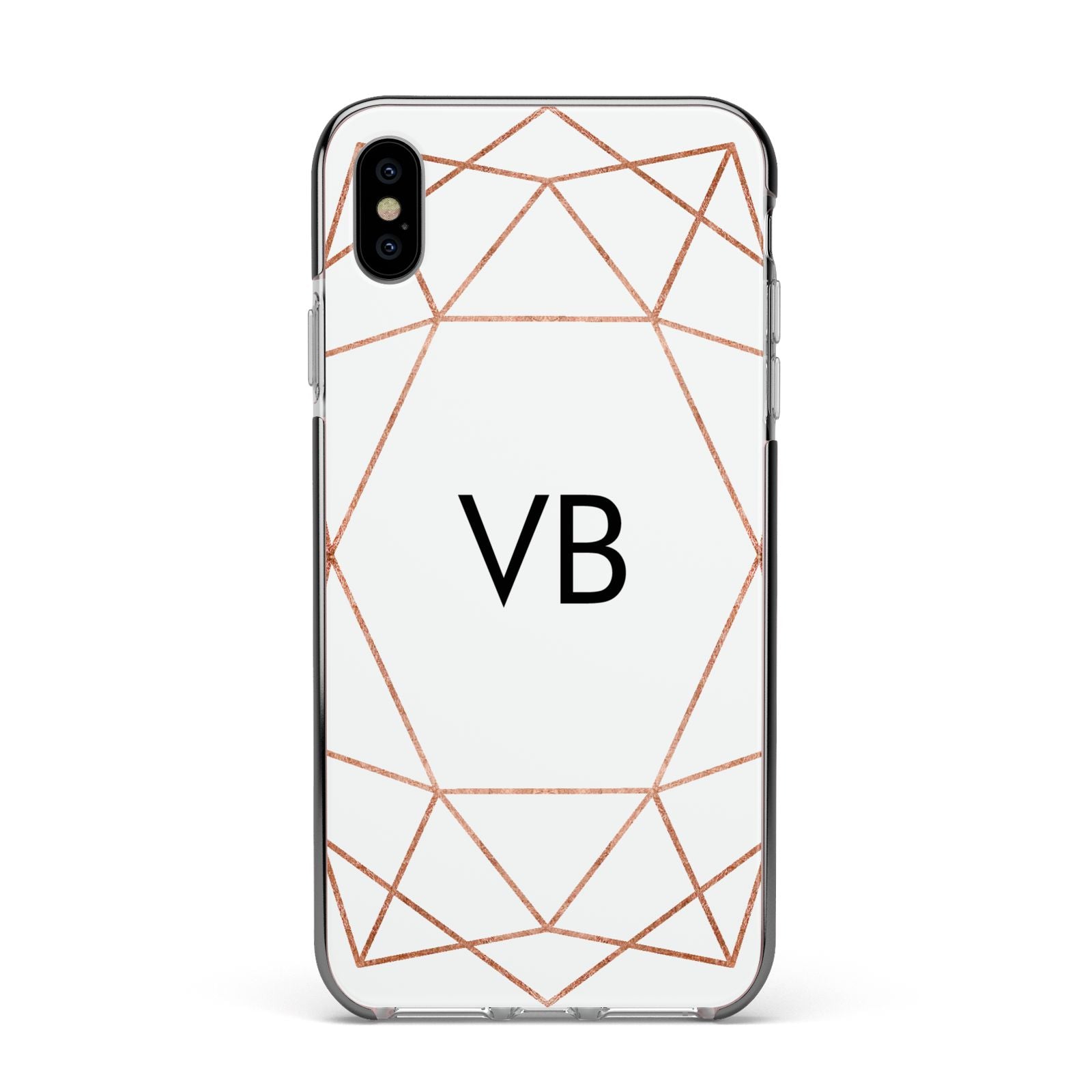 Personalised White Rose Gold Initials Geometric Apple iPhone Xs Max Impact Case Black Edge on Silver Phone