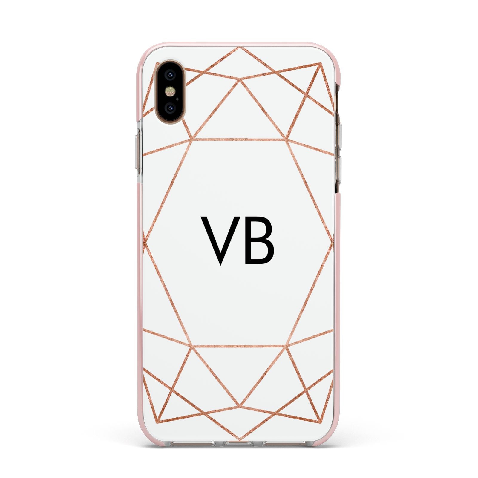 Personalised White Rose Gold Initials Geometric Apple iPhone Xs Max Impact Case Pink Edge on Gold Phone
