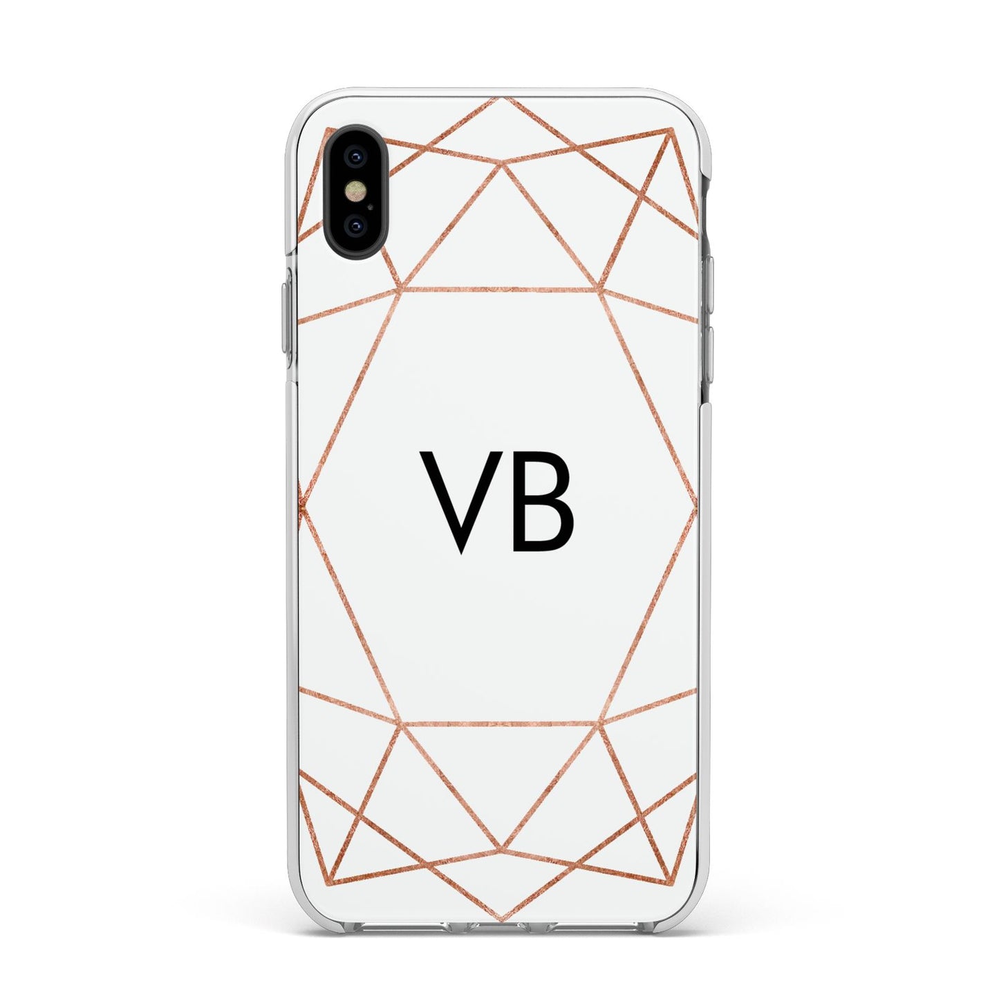 Personalised White Rose Gold Initials Geometric Apple iPhone Xs Max Impact Case White Edge on Black Phone
