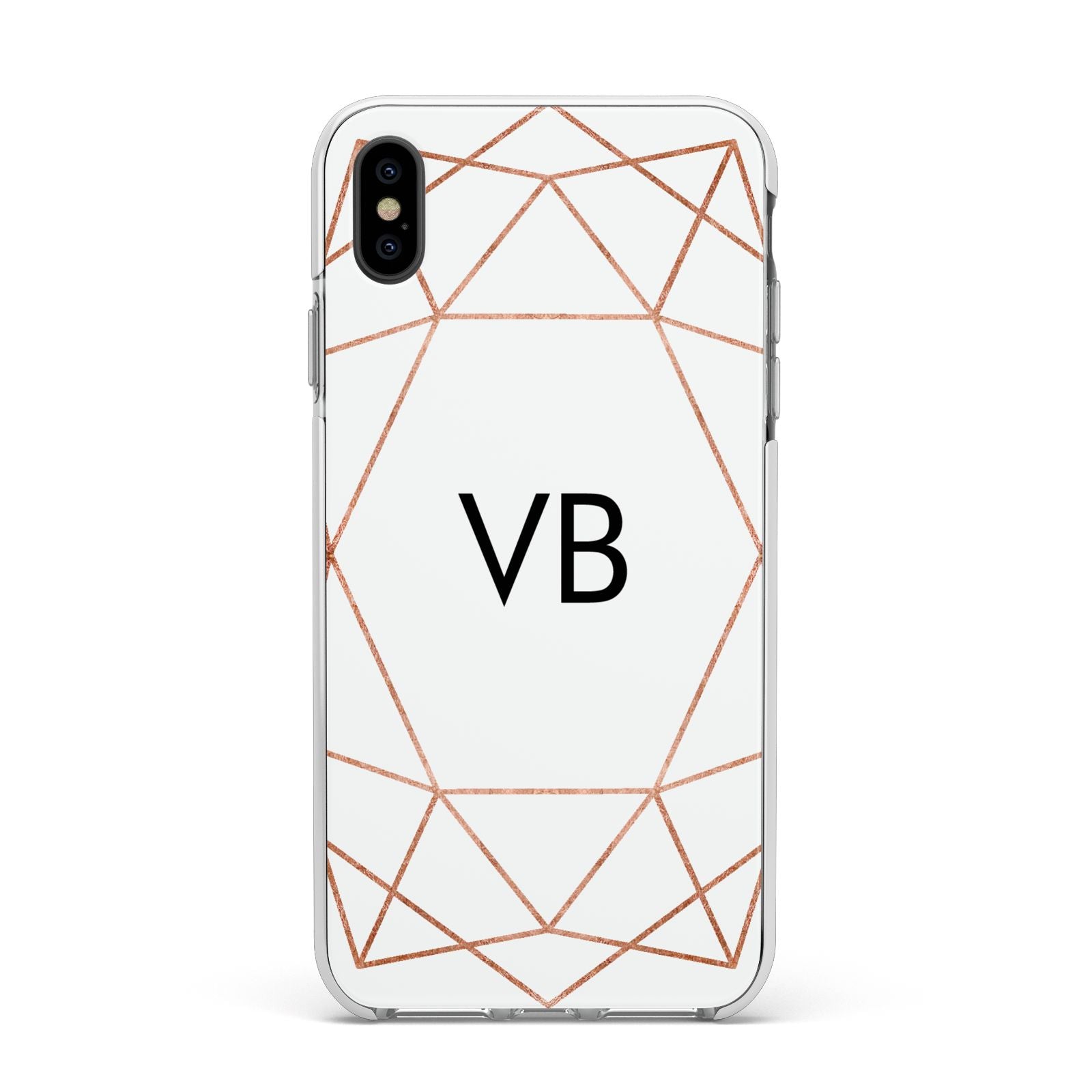Personalised White Rose Gold Initials Geometric Apple iPhone Xs Max Impact Case White Edge on Black Phone