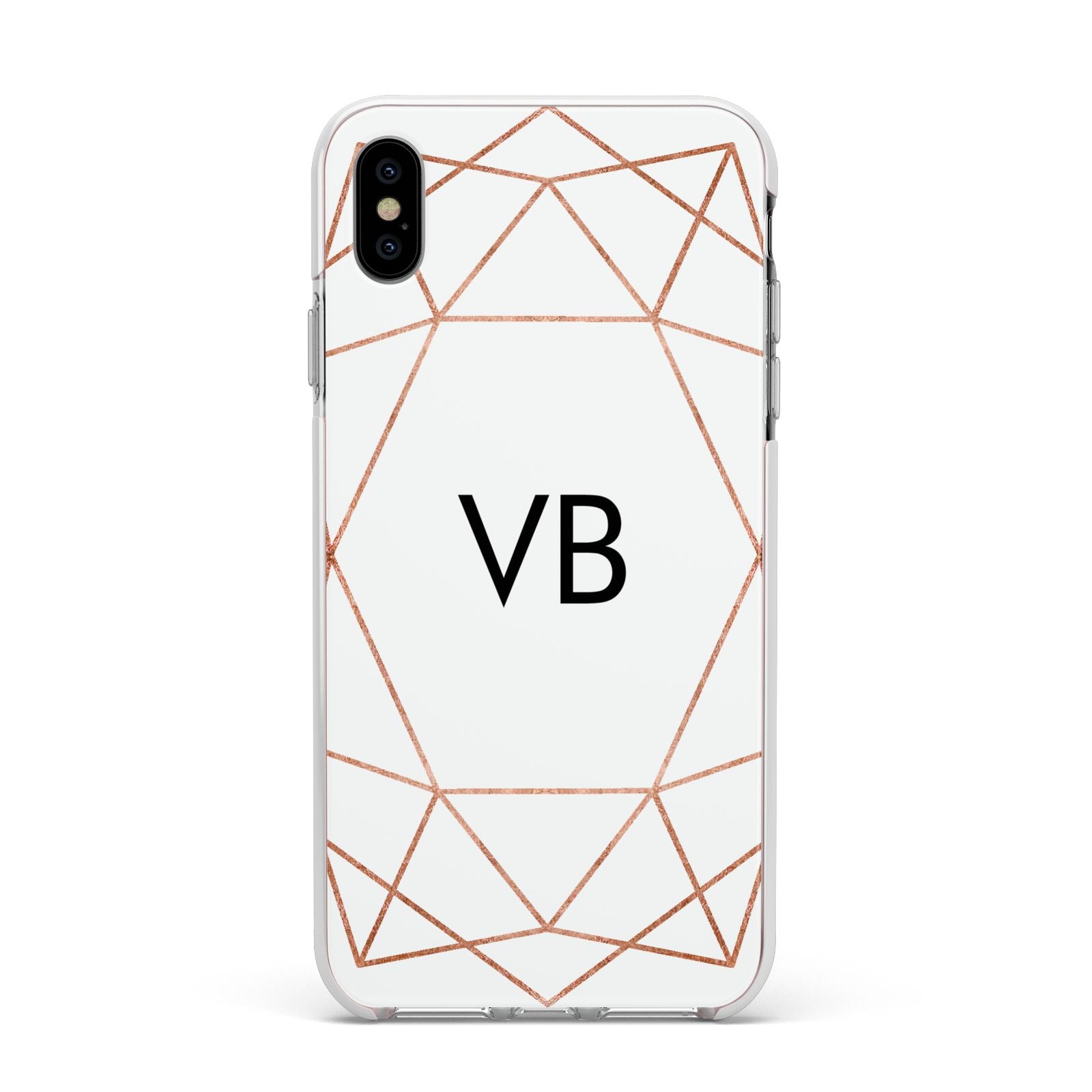 Personalised White Rose Gold Initials Geometric Apple iPhone Xs Max Impact Case White Edge on Silver Phone
