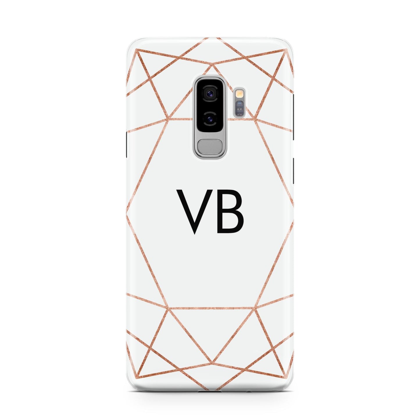 Personalised White Rose Gold Initials Geometric Samsung Galaxy S9 Plus Case on Silver phone