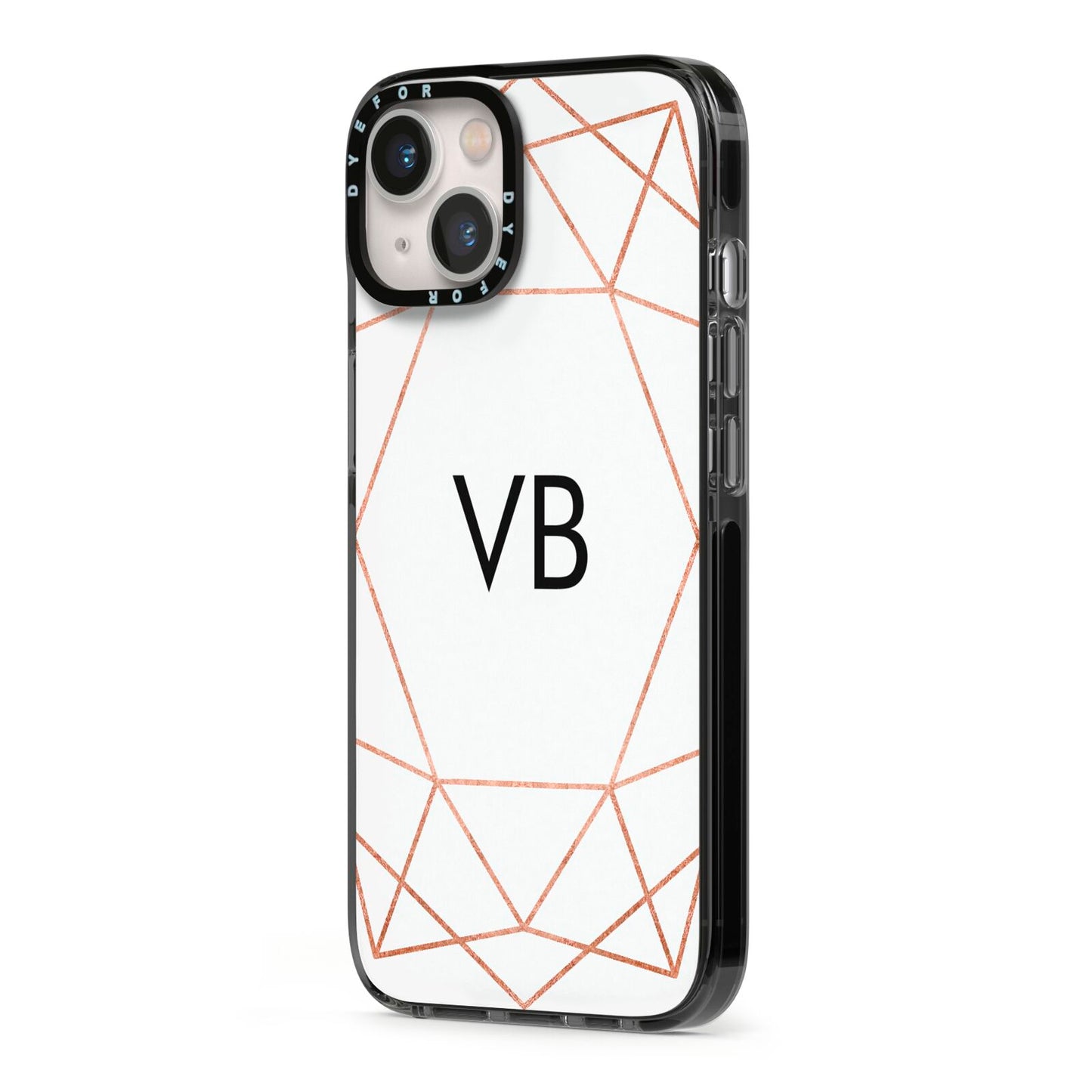 Personalised White Rose Gold Initials Geometric iPhone 13 Black Impact Case Side Angle on Silver phone