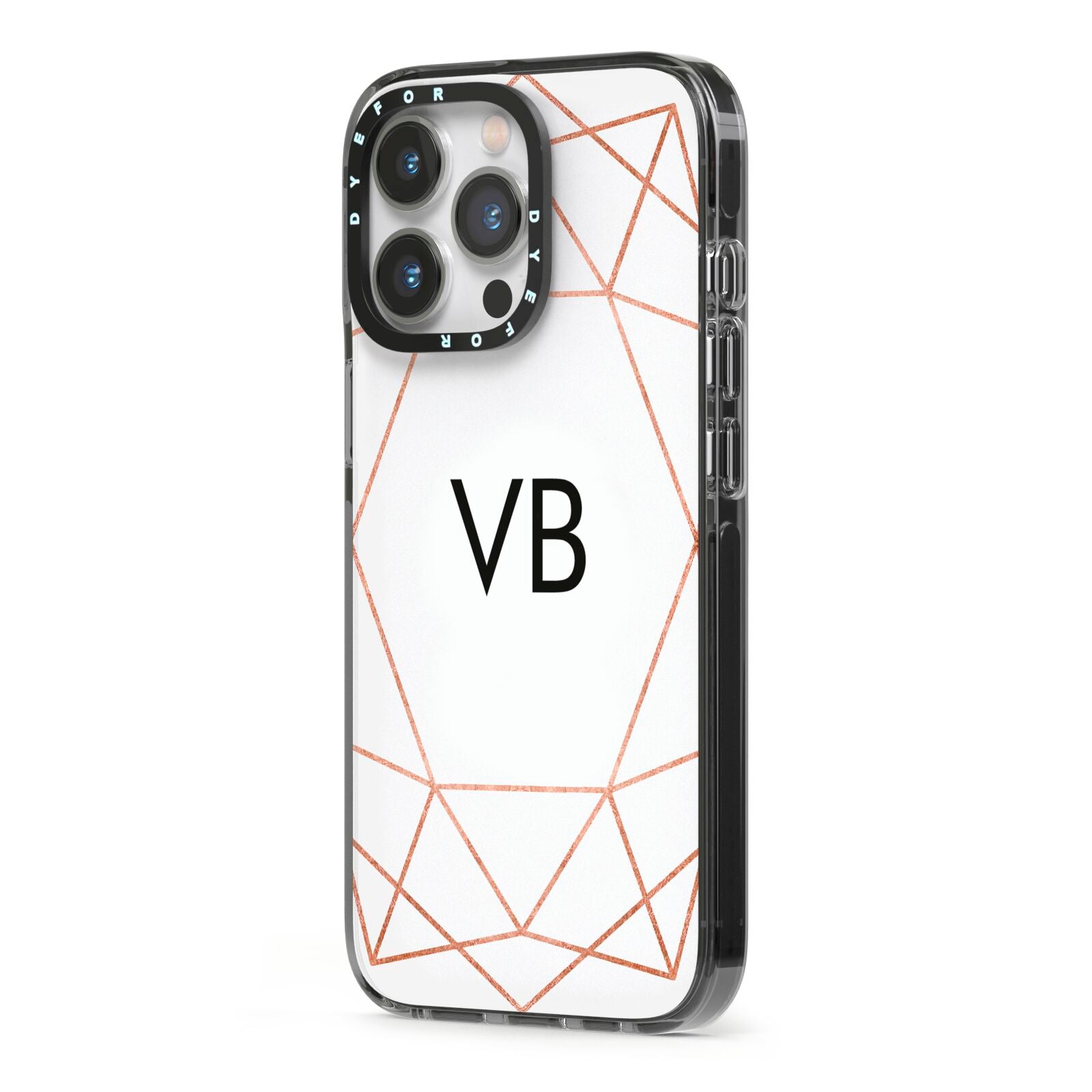 Personalised White Rose Gold Initials Geometric iPhone 13 Pro Black Impact Case Side Angle on Silver phone