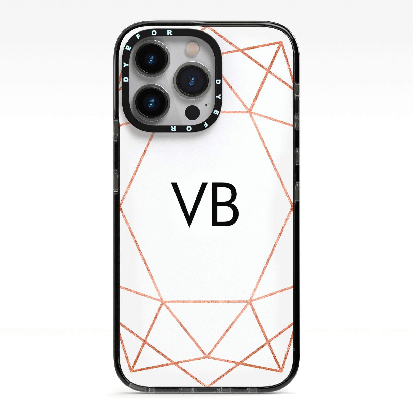 Personalised White Rose Gold Initials Geometric iPhone 13 Pro Black Impact Case on Silver phone