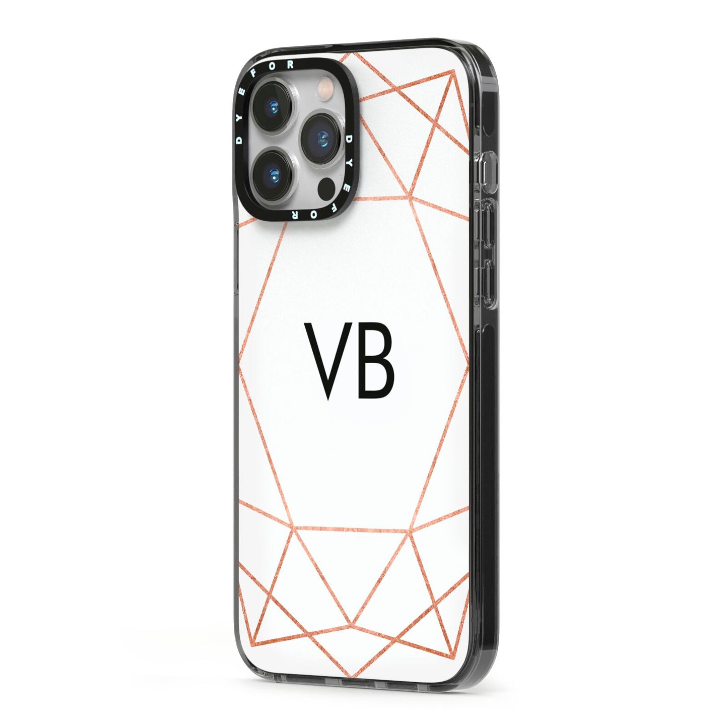 Personalised White Rose Gold Initials Geometric iPhone 13 Pro Max Black Impact Case Side Angle on Silver phone