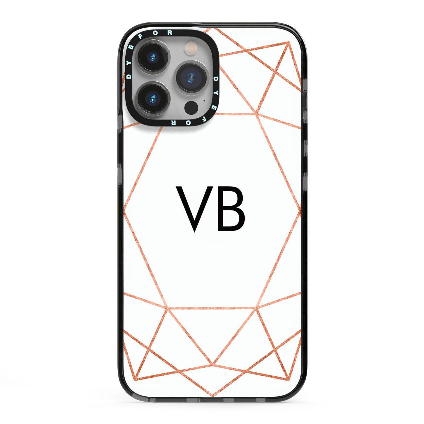 Personalised White Rose Gold Initials Geometric iPhone 13 Pro Max Black Impact Case on Silver phone