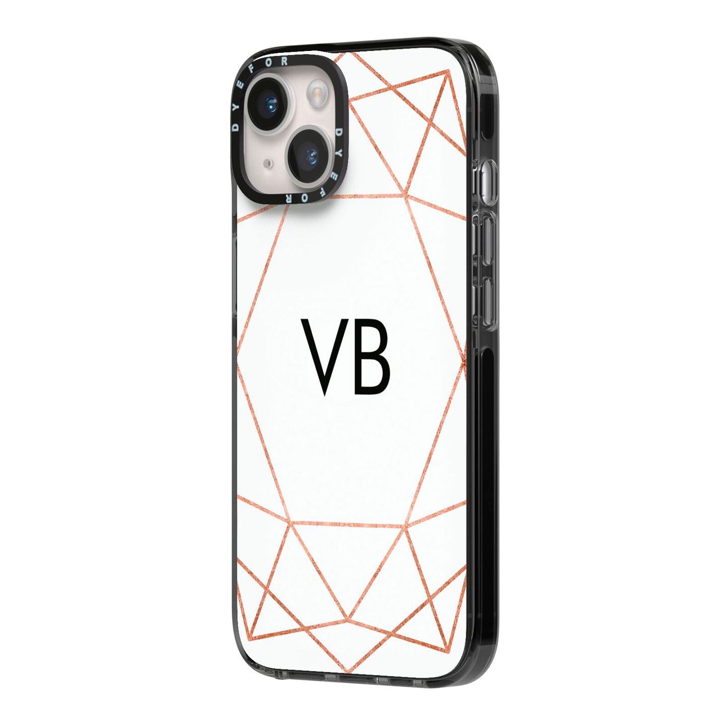 Personalised White Rose Gold Initials Geometric iPhone 14 Black Impact Case Side Angle on Silver phone