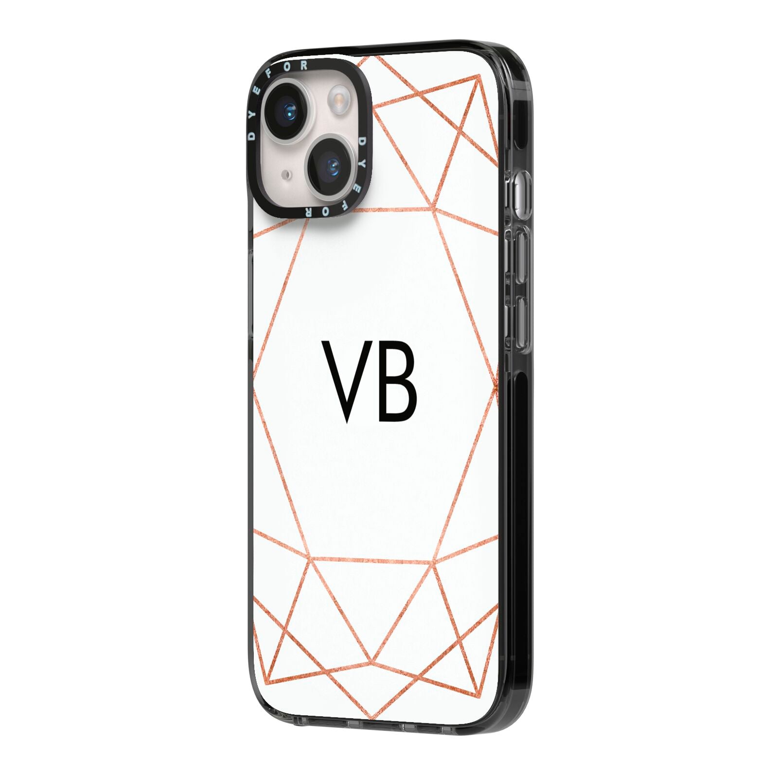Personalised White Rose Gold Initials Geometric iPhone 14 Black Impact Case Side Angle on Silver phone