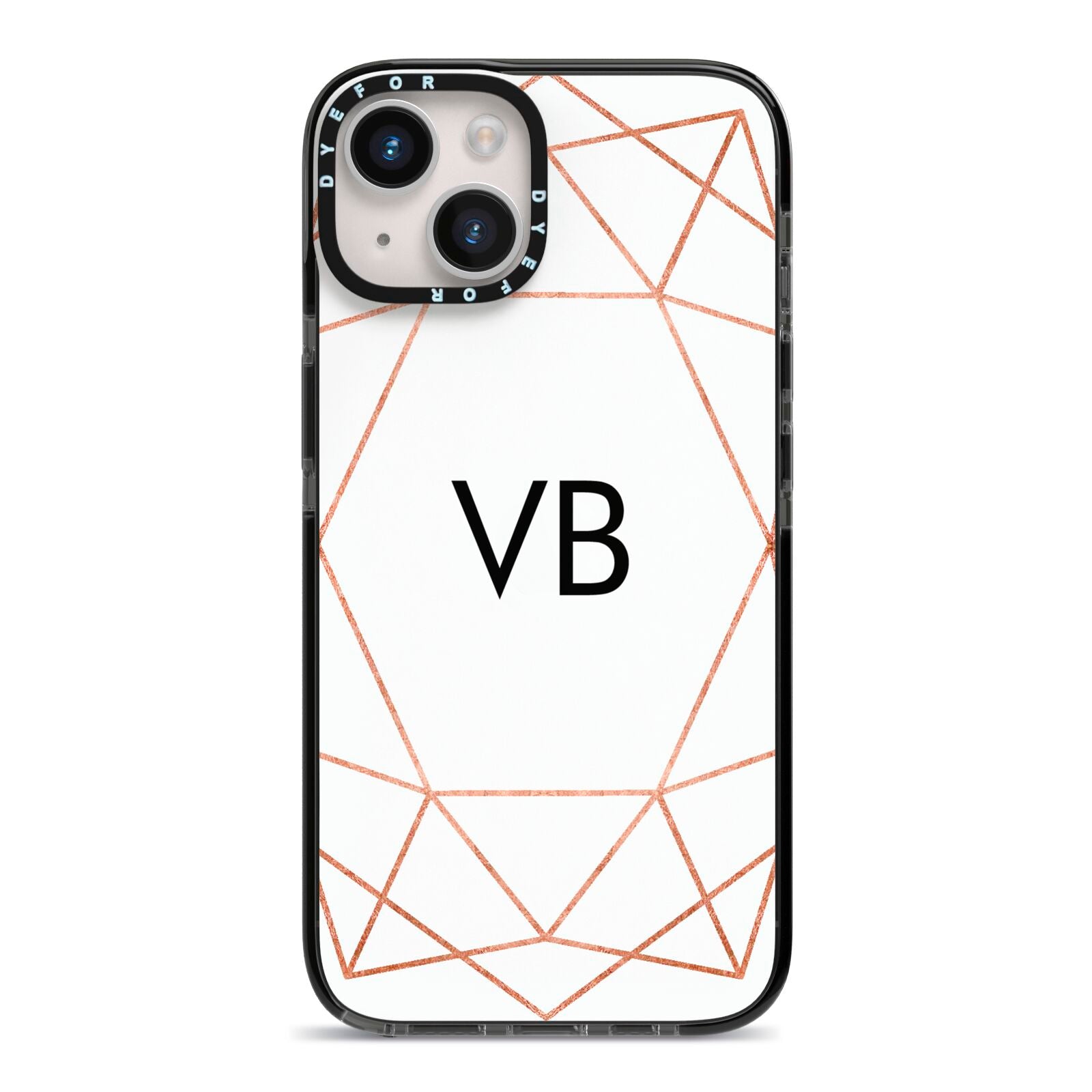 Personalised White Rose Gold Initials Geometric iPhone 14 Black Impact Case on Silver phone