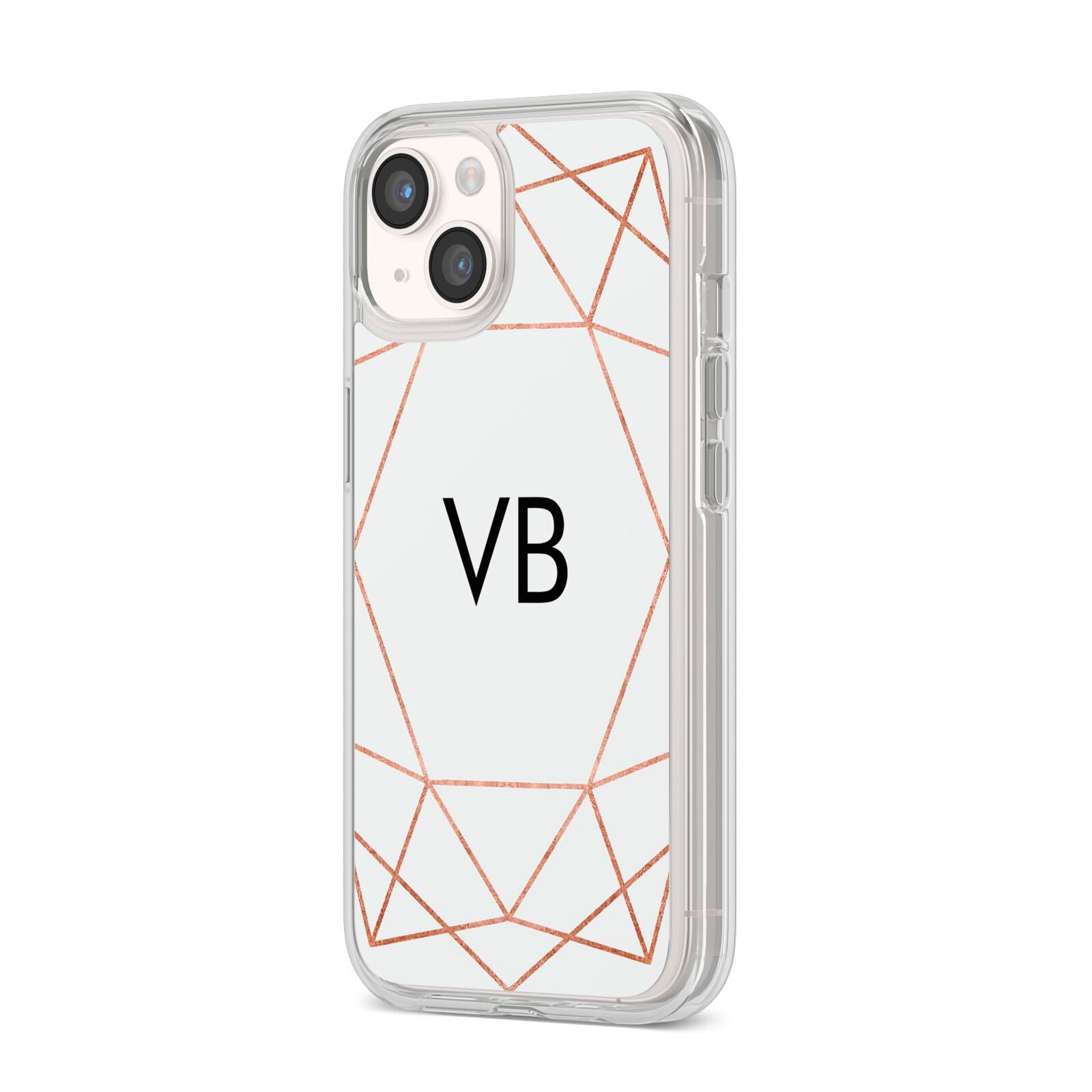 Personalised White Rose Gold Initials Geometric iPhone 14 Clear Tough Case Starlight Angled Image