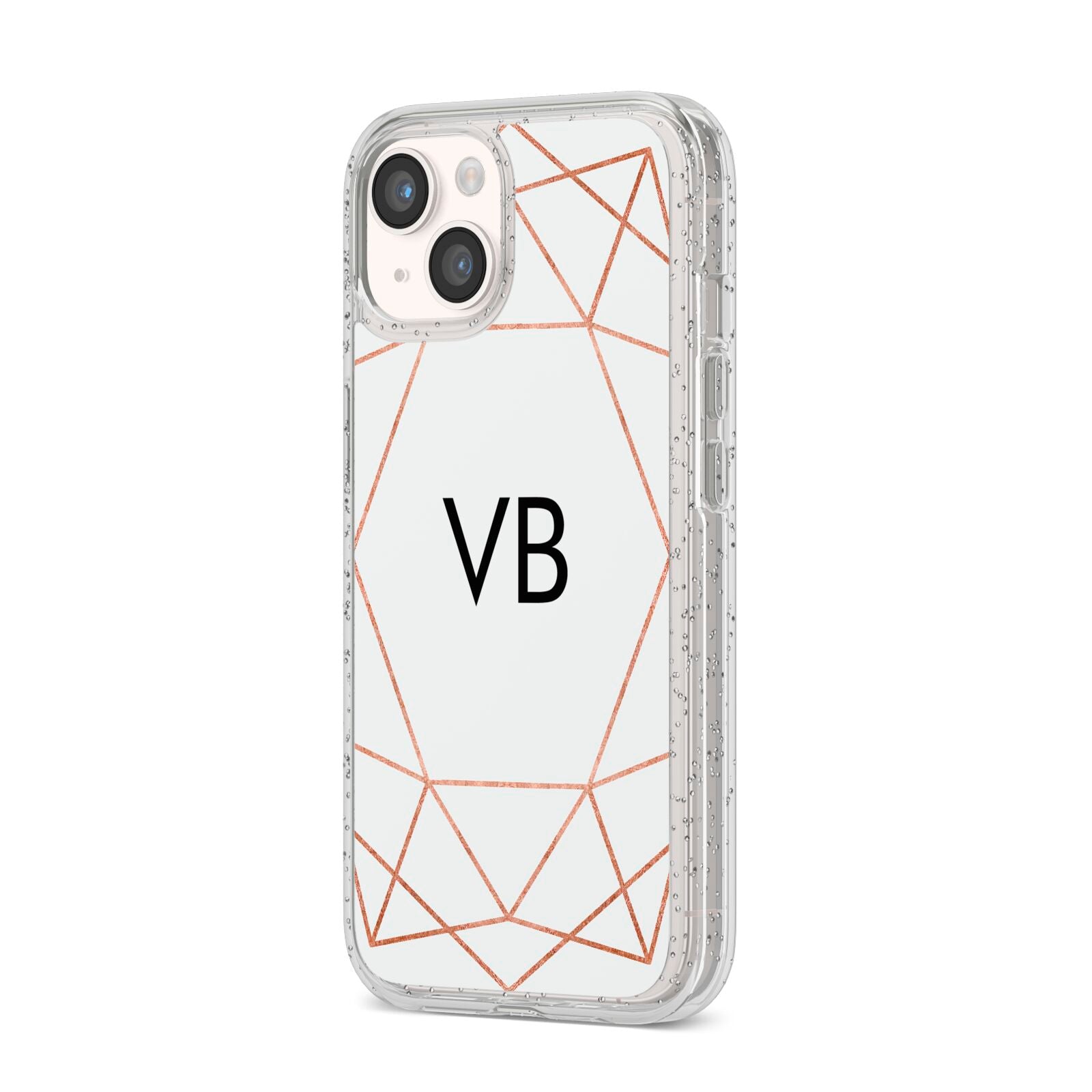 Personalised White Rose Gold Initials Geometric iPhone 14 Glitter Tough Case Starlight Angled Image