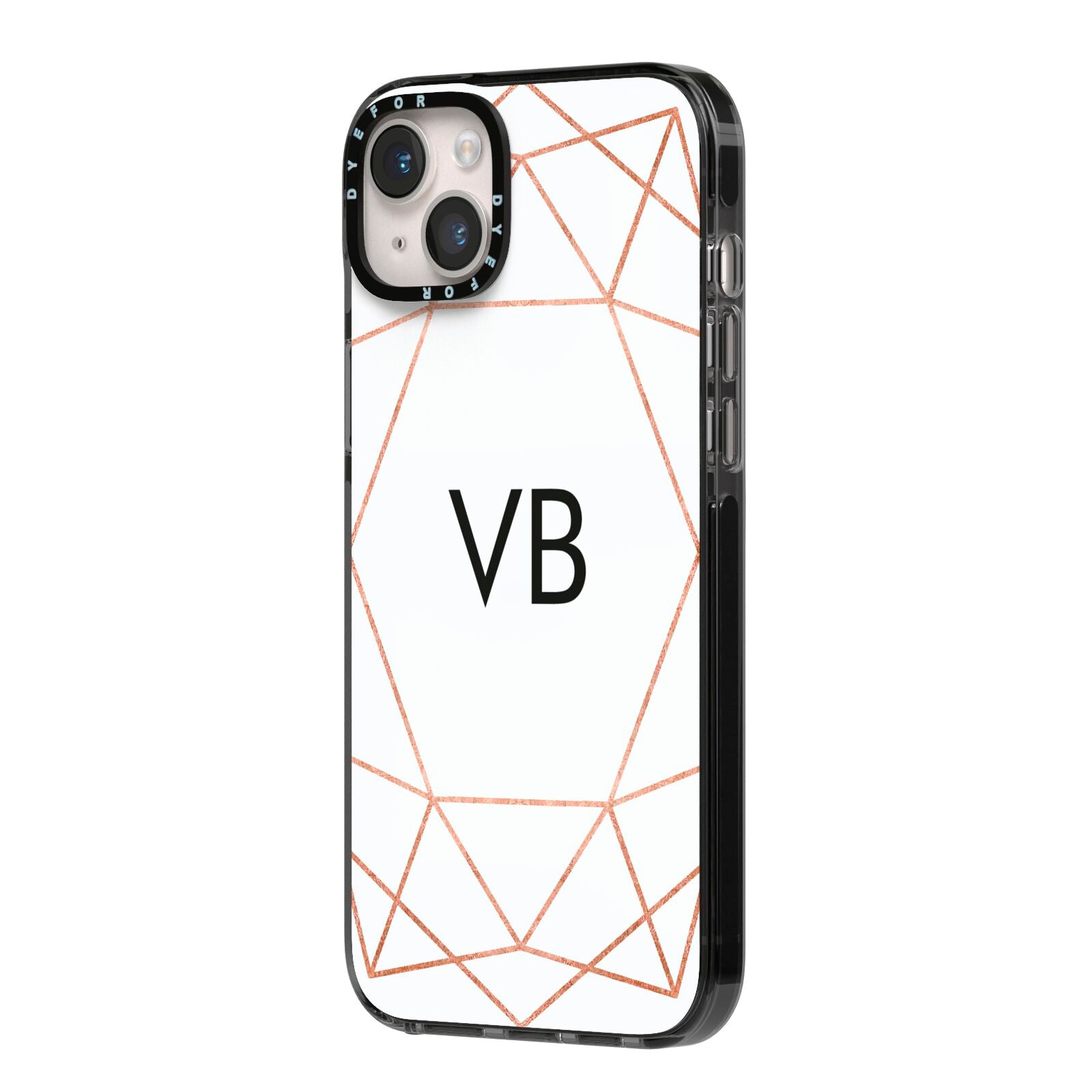 Personalised White Rose Gold Initials Geometric iPhone 14 Plus Black Impact Case Side Angle on Silver phone