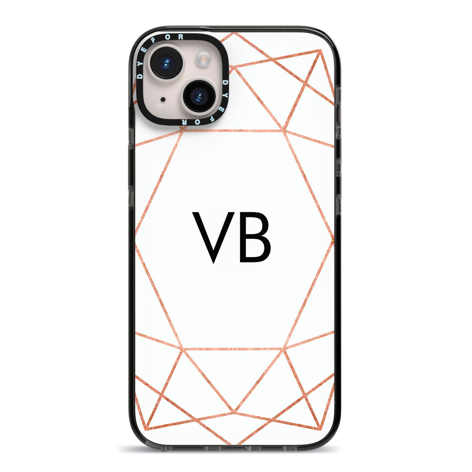 Personalised White Rose Gold Initials Geometric iPhone 14 Plus Black Impact Case on Silver phone