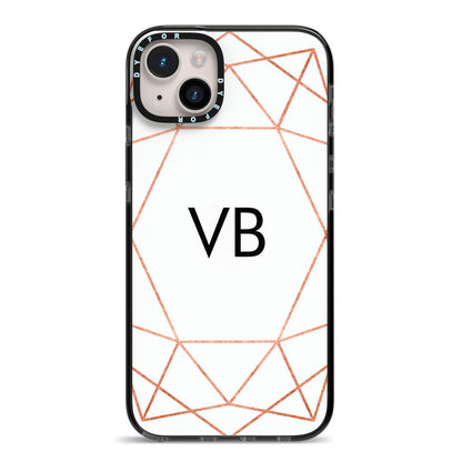 Personalised White Rose Gold Initials Geometric iPhone 14 Plus Black Impact Case on Silver phone
