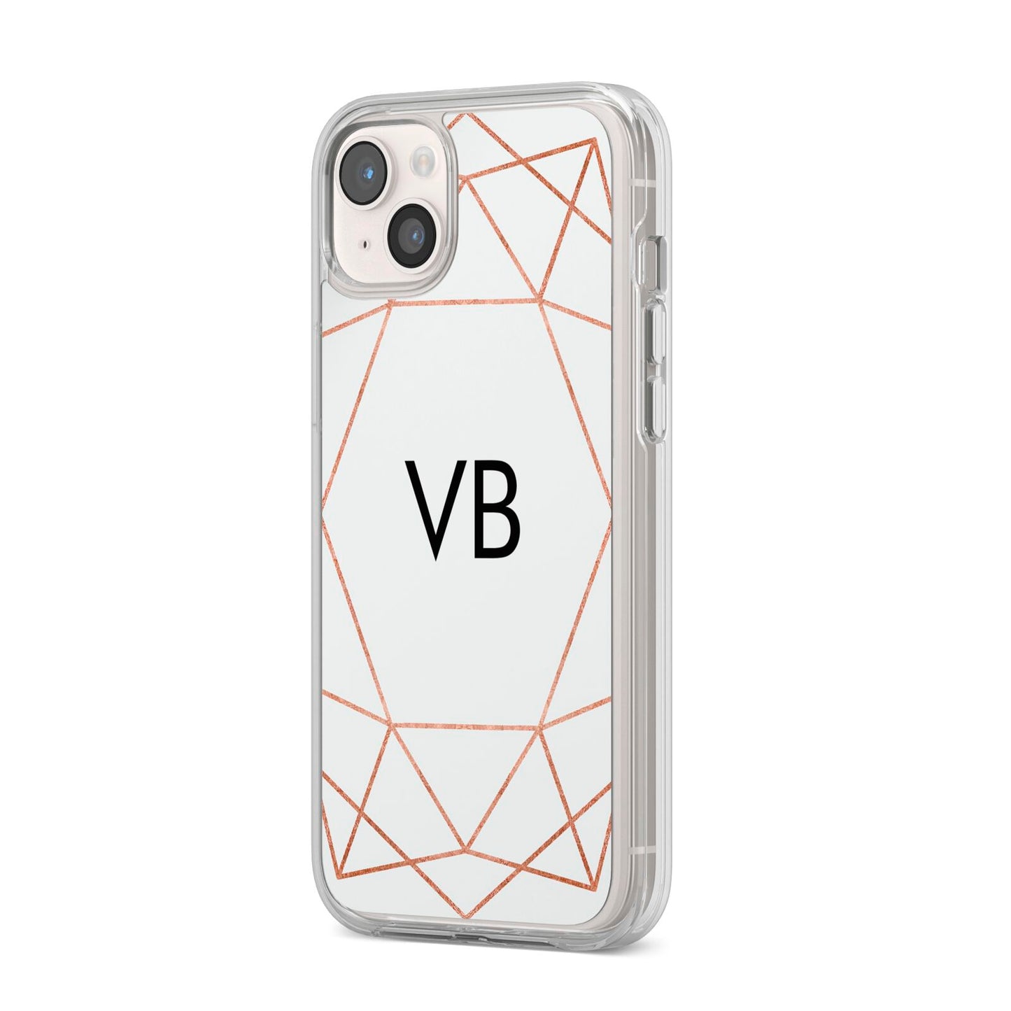 Personalised White Rose Gold Initials Geometric iPhone 14 Plus Clear Tough Case Starlight Angled Image