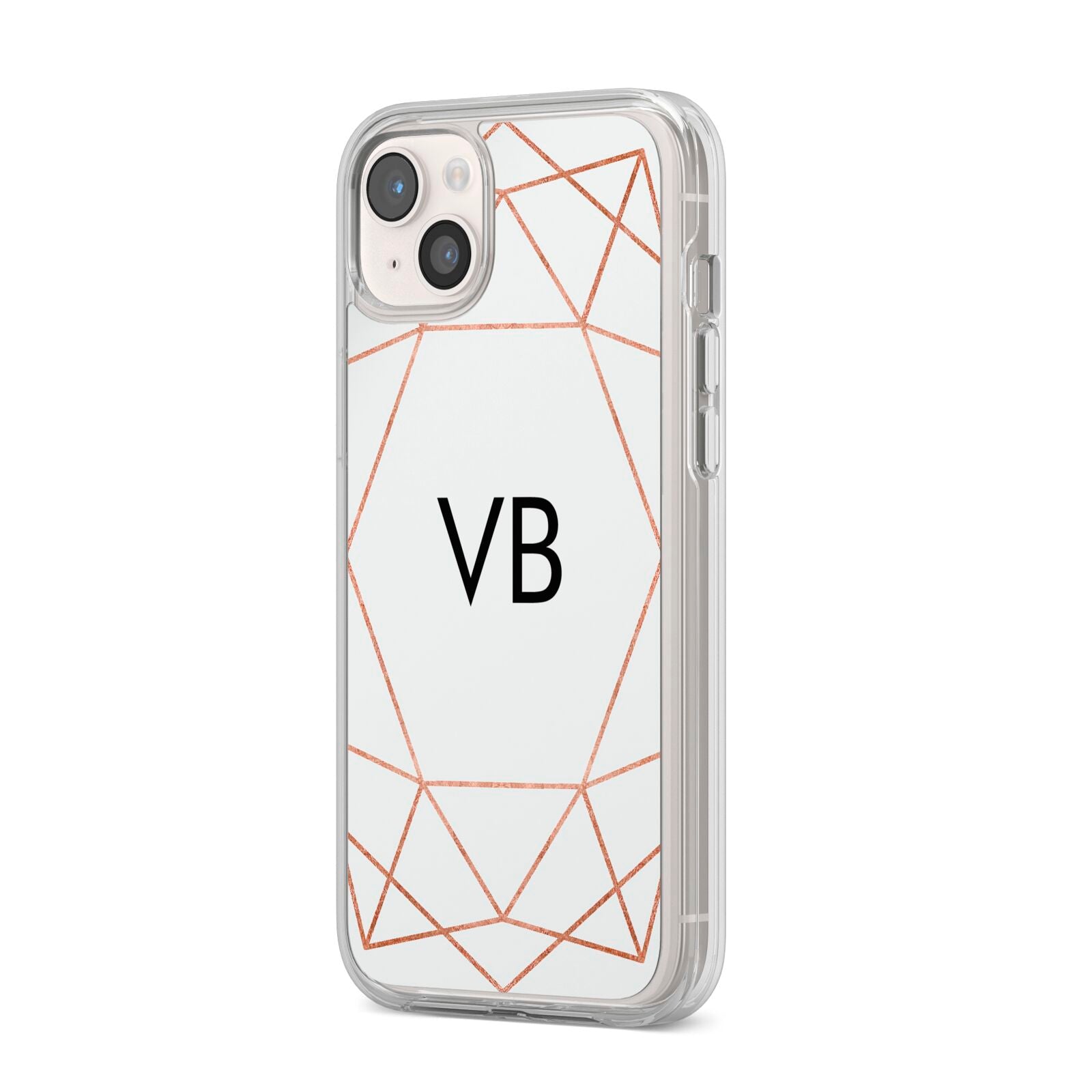 Personalised White Rose Gold Initials Geometric iPhone 14 Plus Clear Tough Case Starlight Angled Image