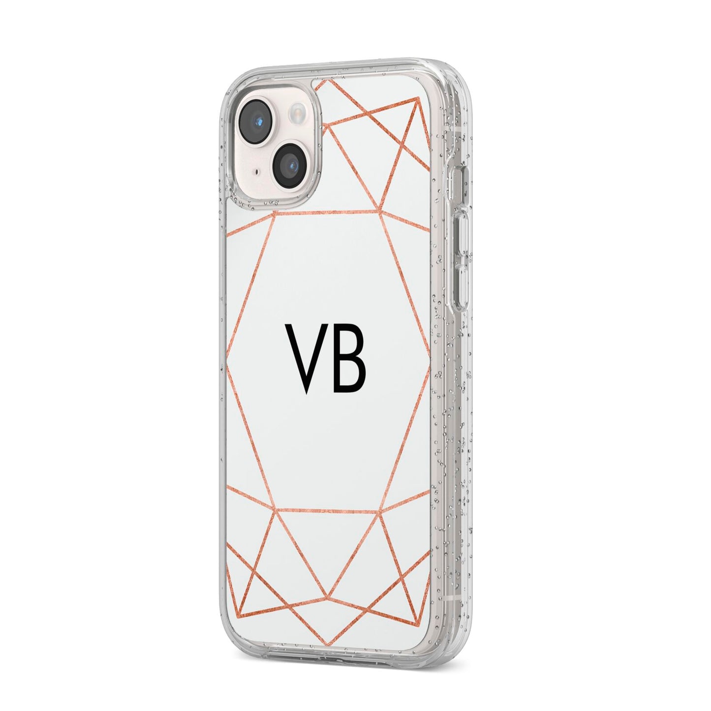 Personalised White Rose Gold Initials Geometric iPhone 14 Plus Glitter Tough Case Starlight Angled Image