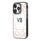 Personalised White Rose Gold Initials Geometric iPhone 14 Pro Black Impact Case Side Angle on Silver phone