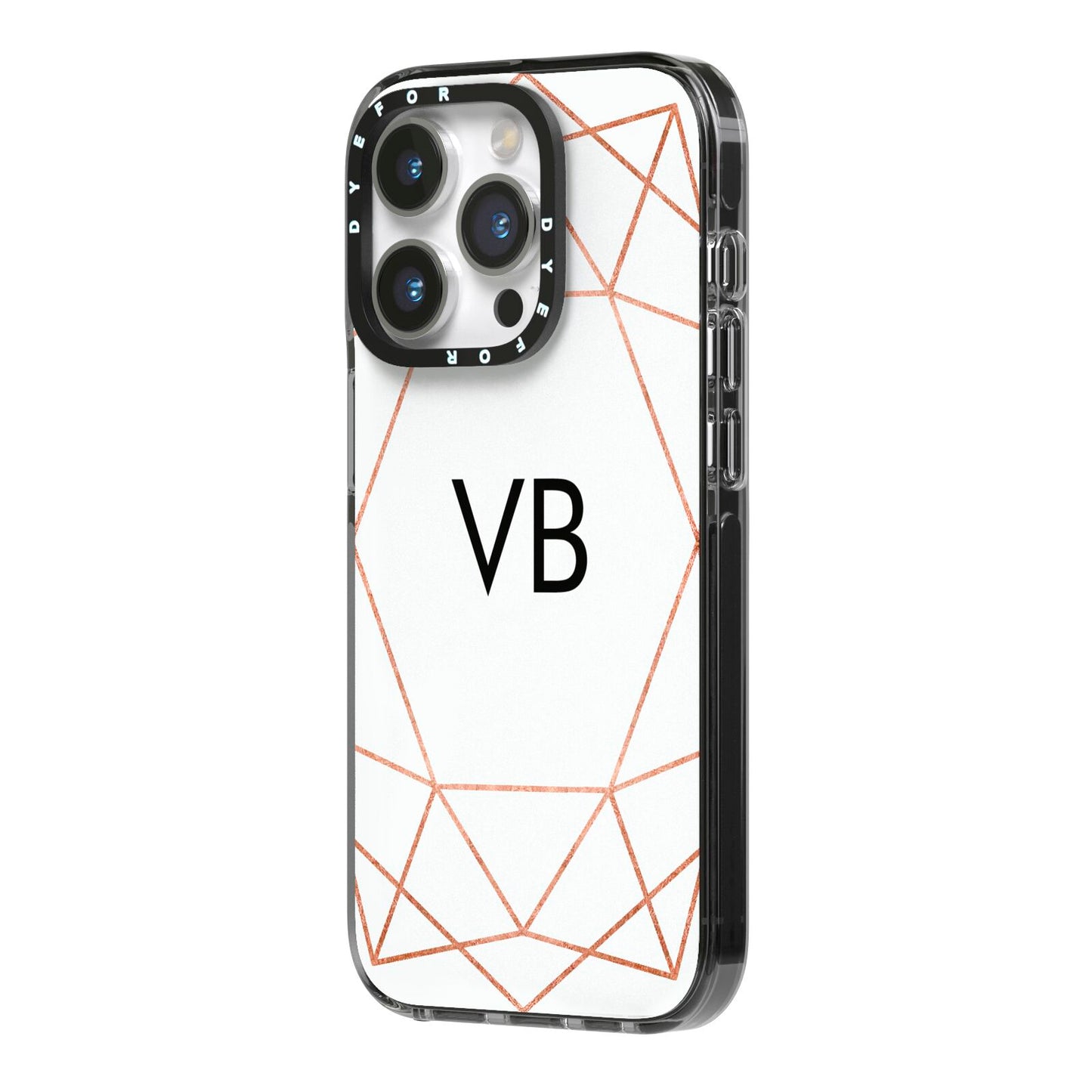 Personalised White Rose Gold Initials Geometric iPhone 14 Pro Black Impact Case Side Angle on Silver phone