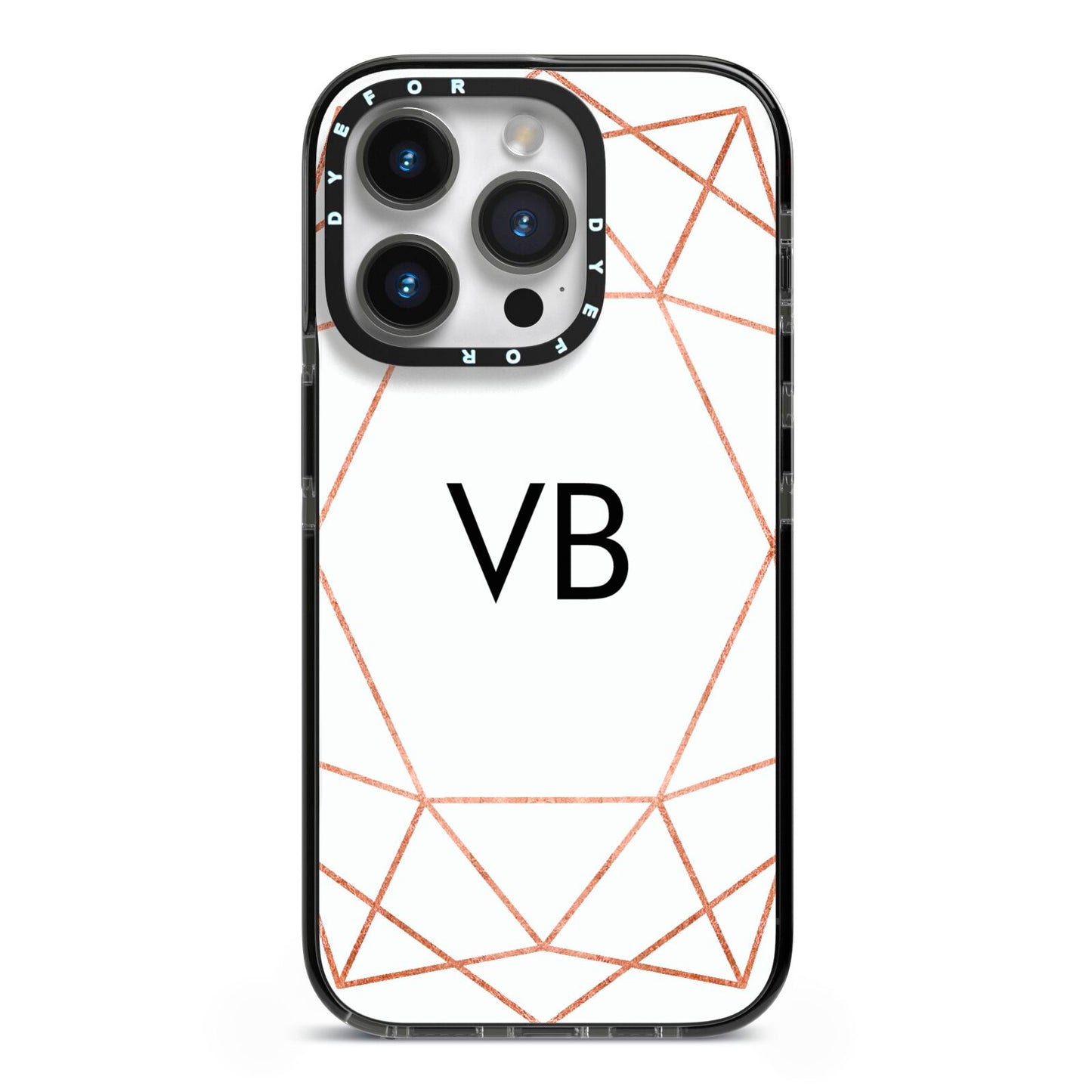 Personalised White Rose Gold Initials Geometric iPhone 14 Pro Black Impact Case on Silver phone