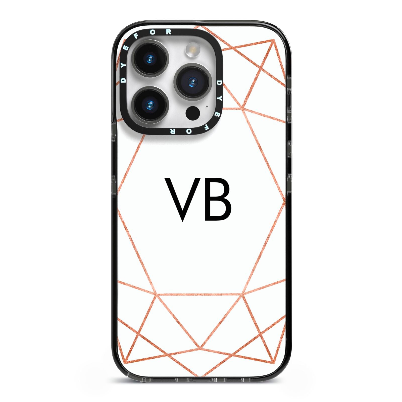 Personalised White Rose Gold Initials Geometric iPhone 14 Pro Black Impact Case on Silver phone