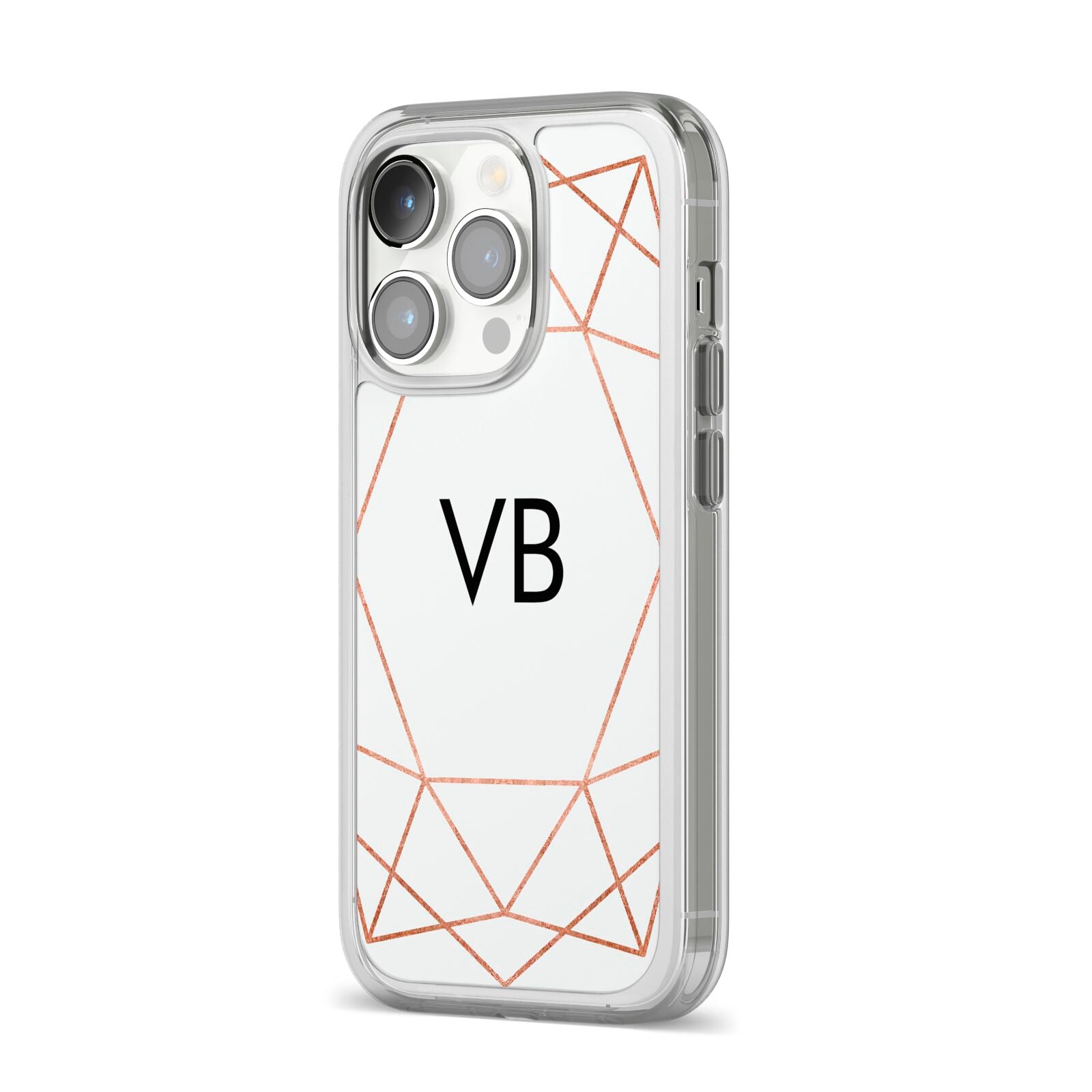 Personalised White Rose Gold Initials Geometric iPhone 14 Pro Clear Tough Case Silver Angled Image