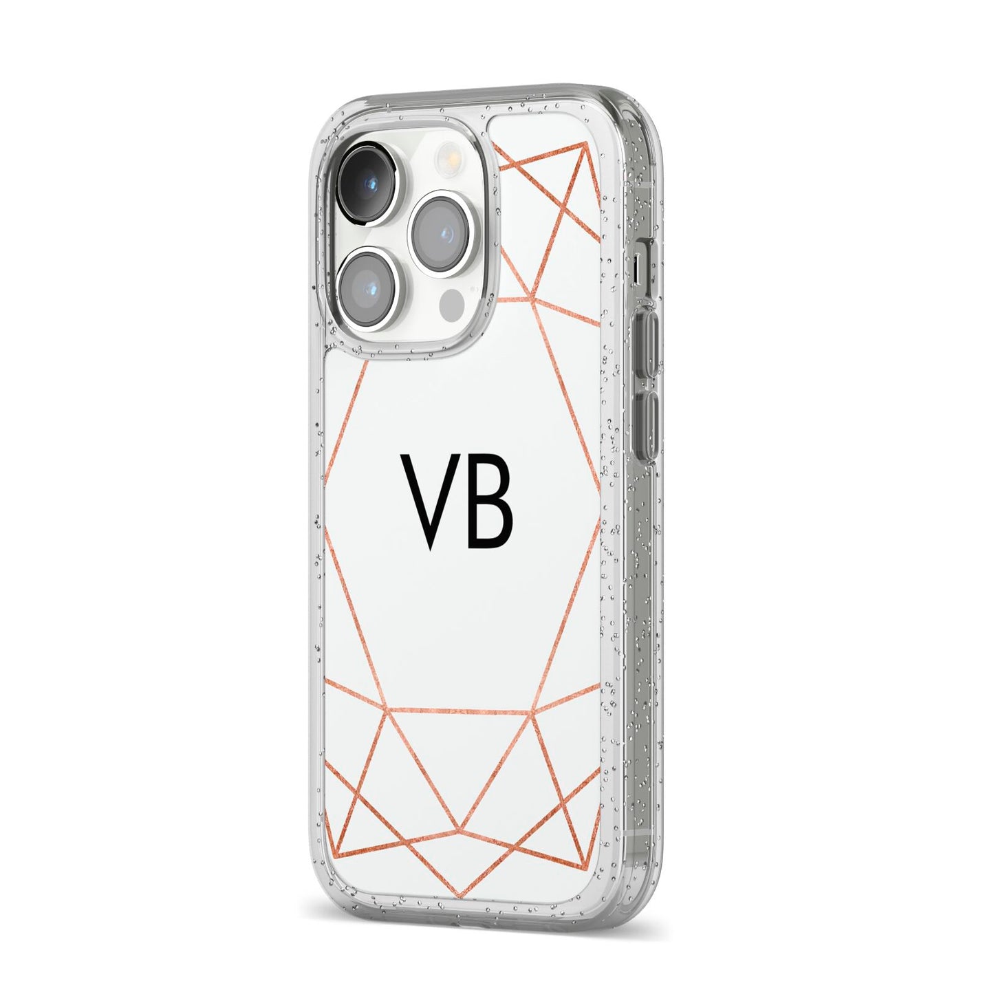 Personalised White Rose Gold Initials Geometric iPhone 14 Pro Glitter Tough Case Silver Angled Image