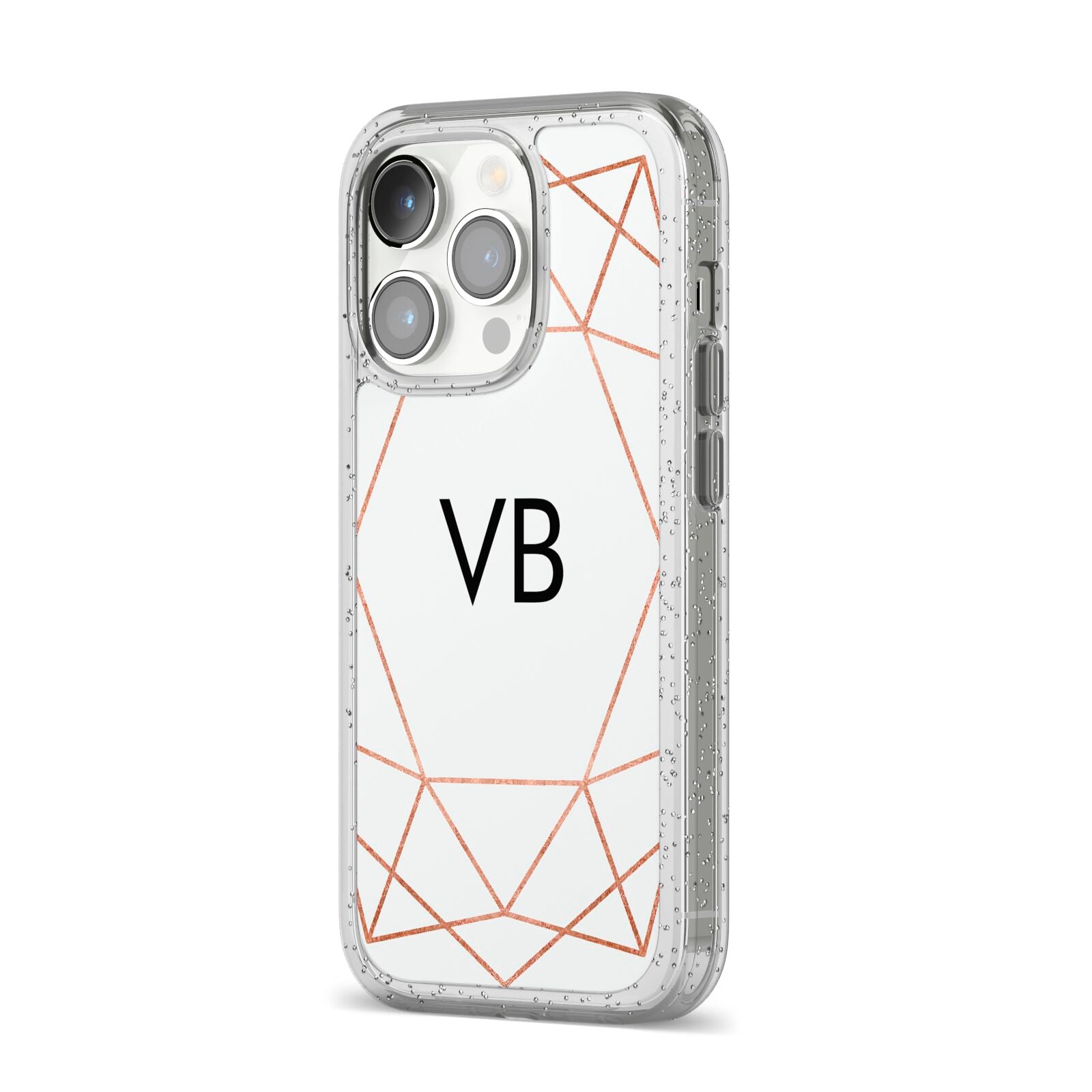 Personalised White Rose Gold Initials Geometric iPhone 14 Pro Glitter Tough Case Silver Angled Image
