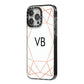 Personalised White Rose Gold Initials Geometric iPhone 14 Pro Max Black Impact Case Side Angle on Silver phone
