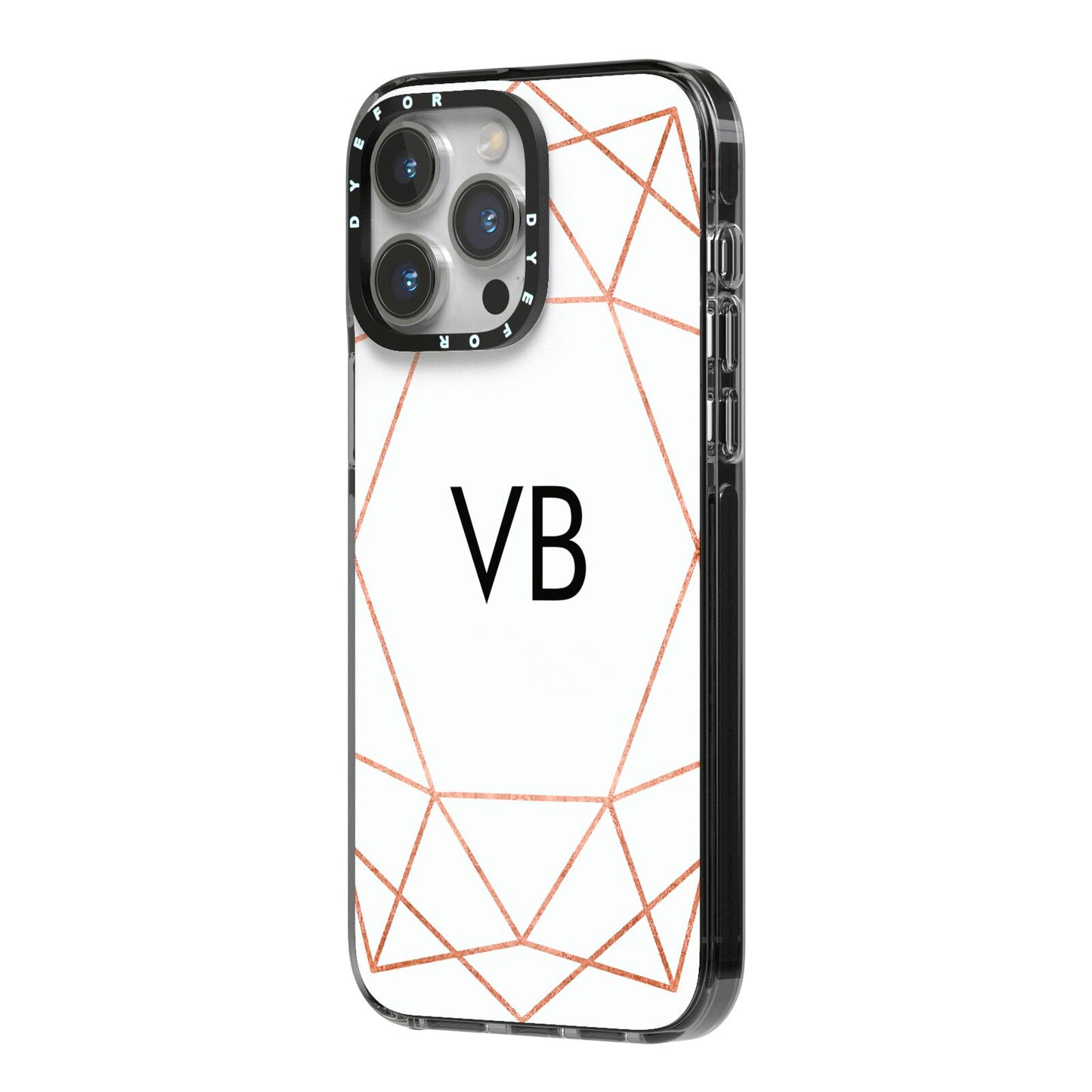 Personalised White Rose Gold Initials Geometric iPhone 14 Pro Max Black Impact Case Side Angle on Silver phone