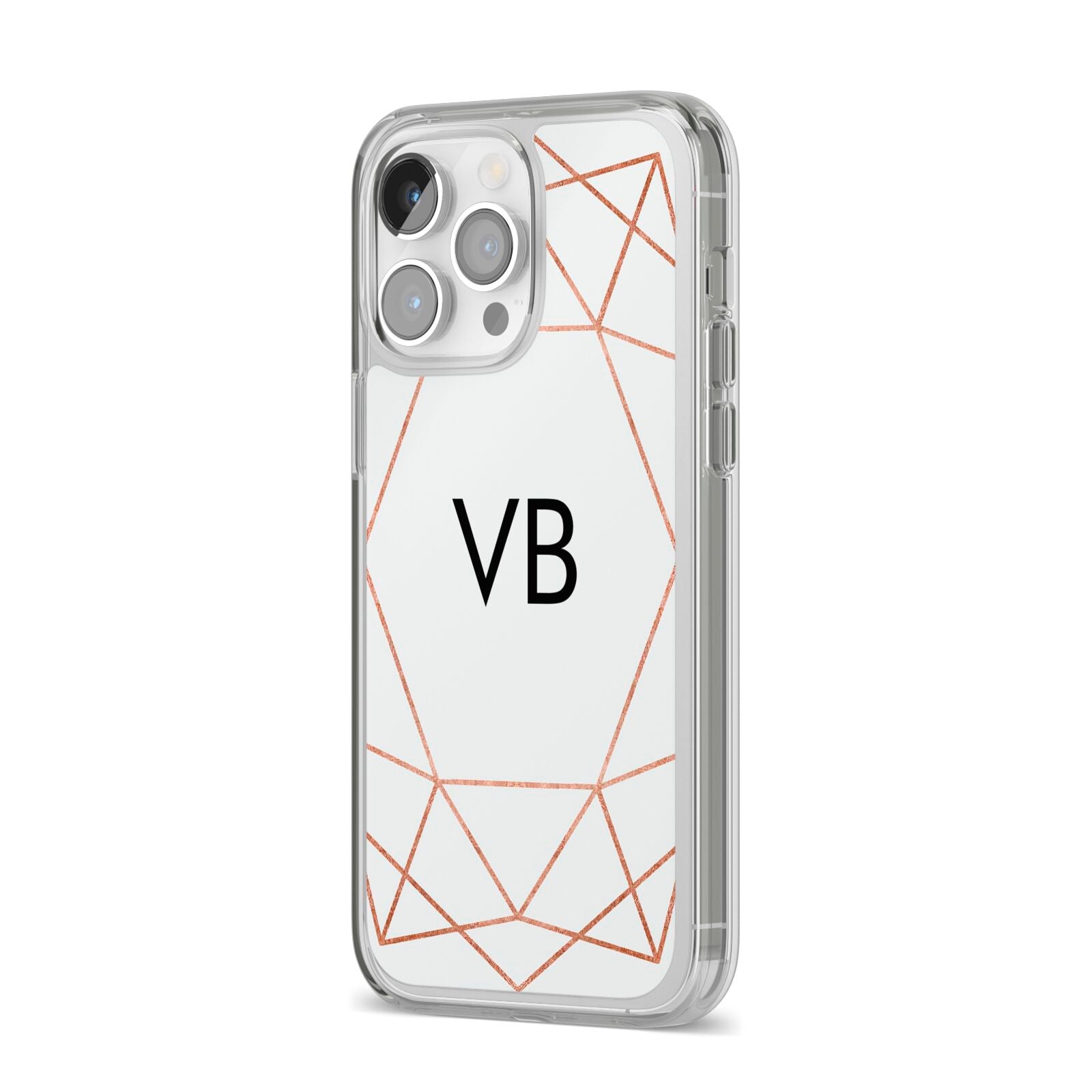 Personalised White Rose Gold Initials Geometric iPhone 14 Pro Max Clear Tough Case Silver Angled Image