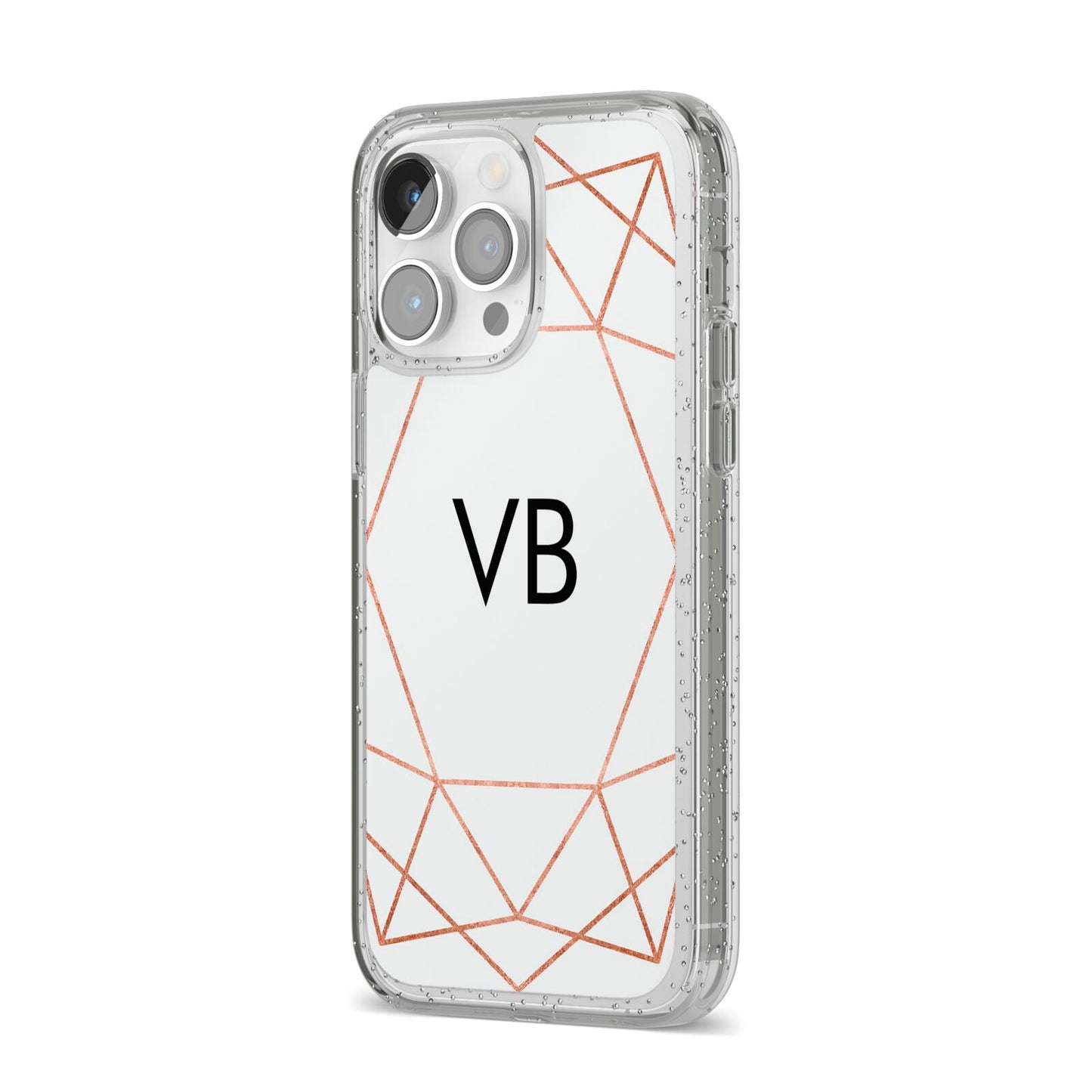 Personalised White Rose Gold Initials Geometric iPhone 14 Pro Max Glitter Tough Case Silver Angled Image