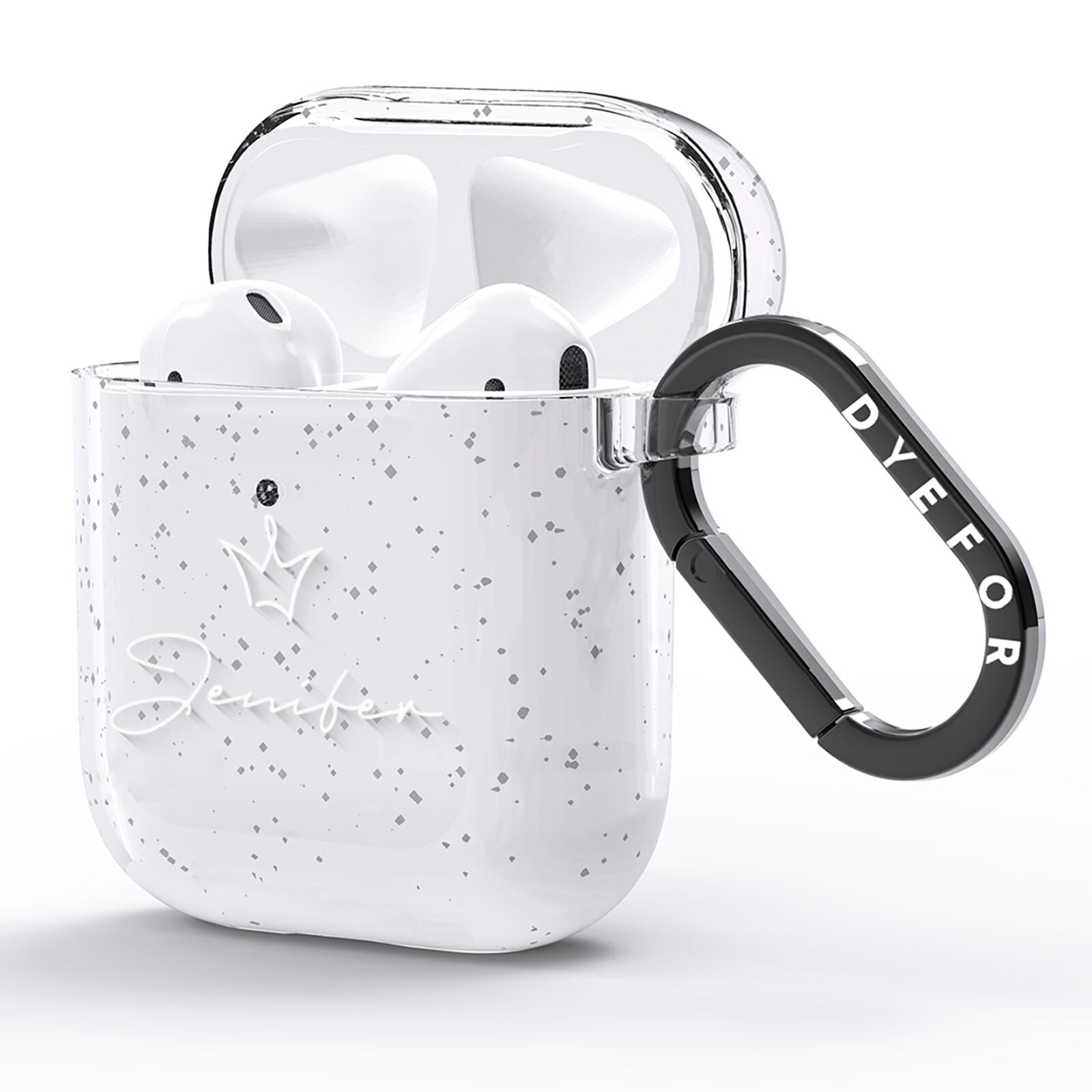 Personalised White Text Transparent AirPods Glitter Case Side Image