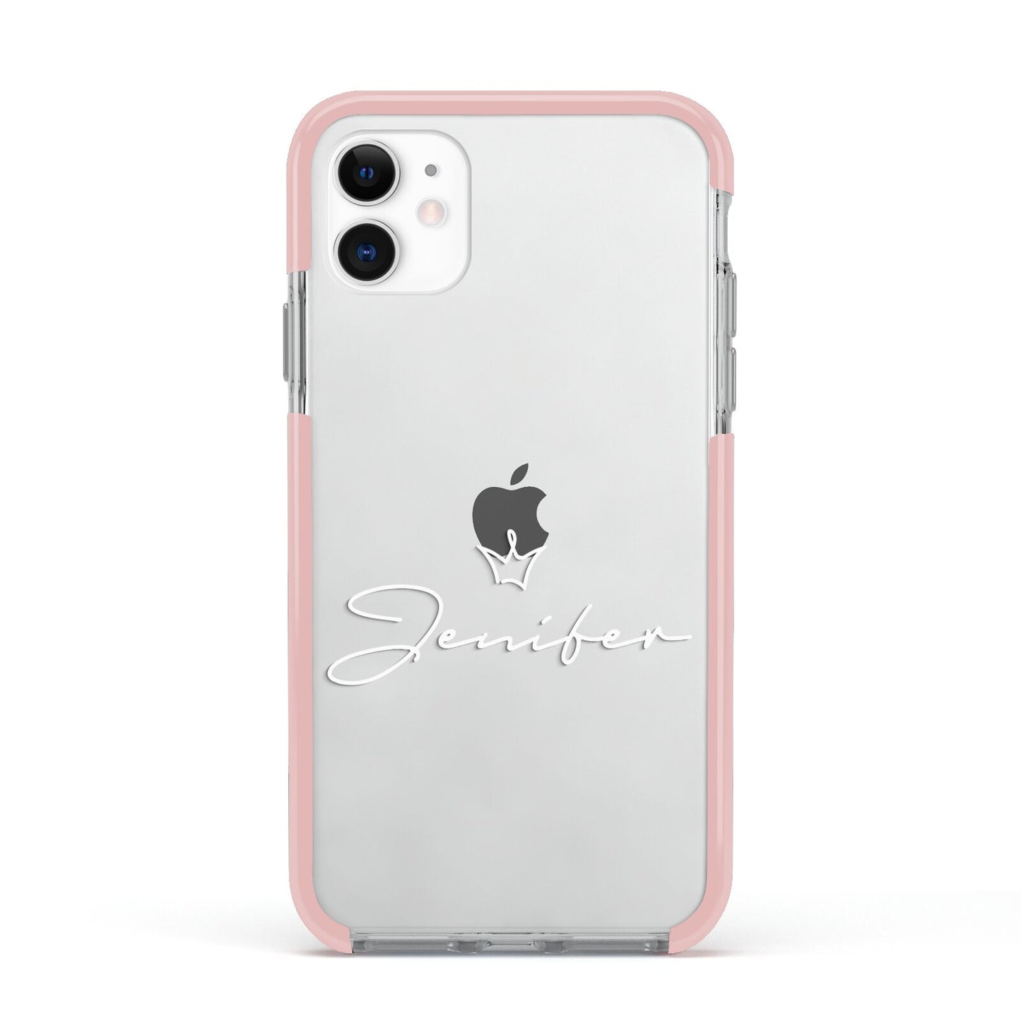 Personalised White Text Transparent Apple iPhone 11 in White with Pink Impact Case