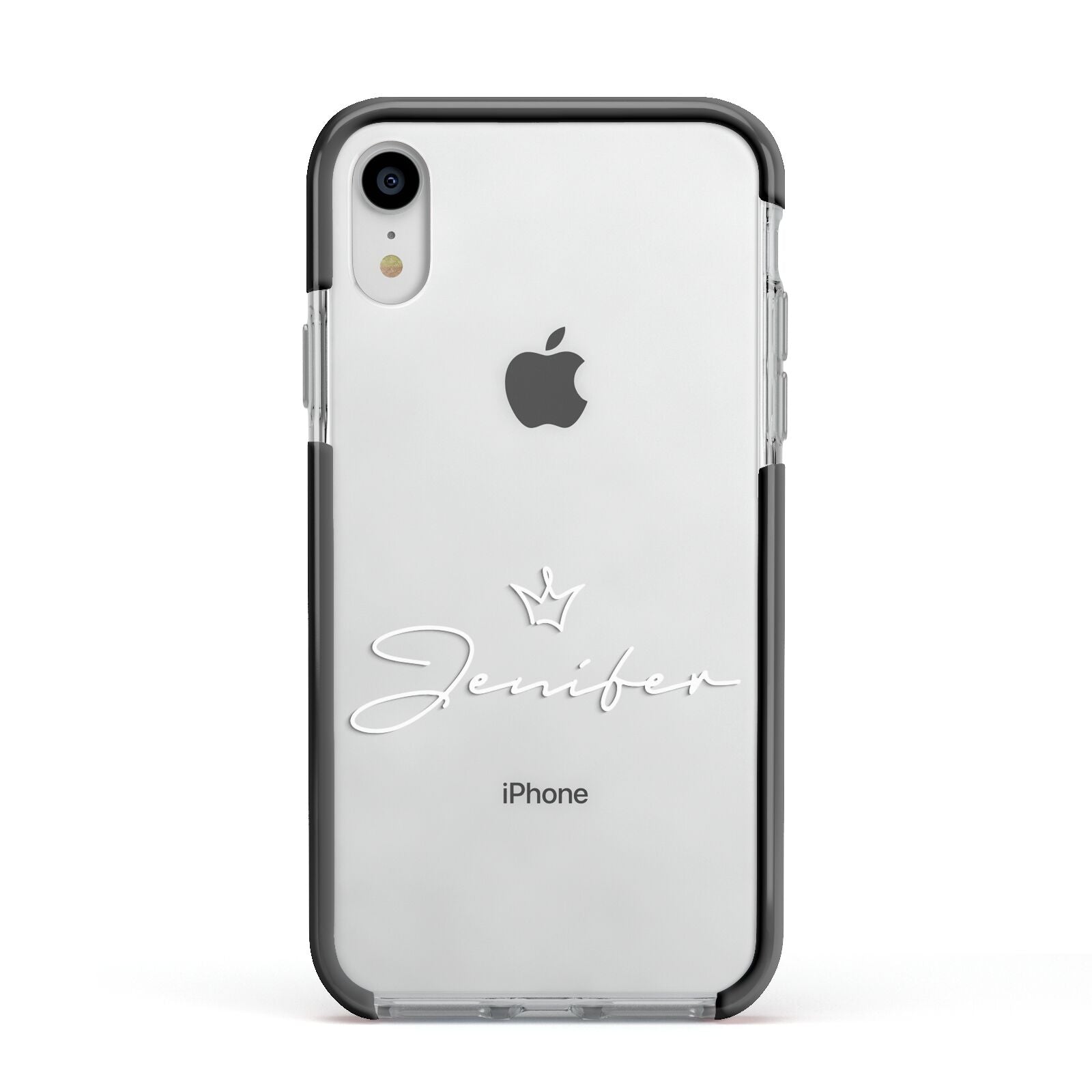 Personalised White Text Transparent Apple iPhone XR Impact Case Black Edge on Silver Phone