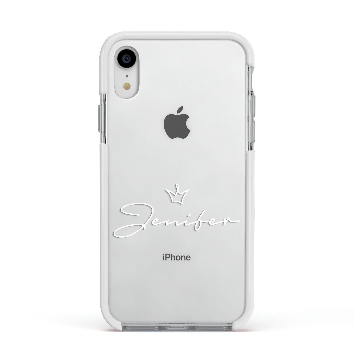 Personalised White Text Transparent Apple iPhone XR Impact Case White Edge on Silver Phone