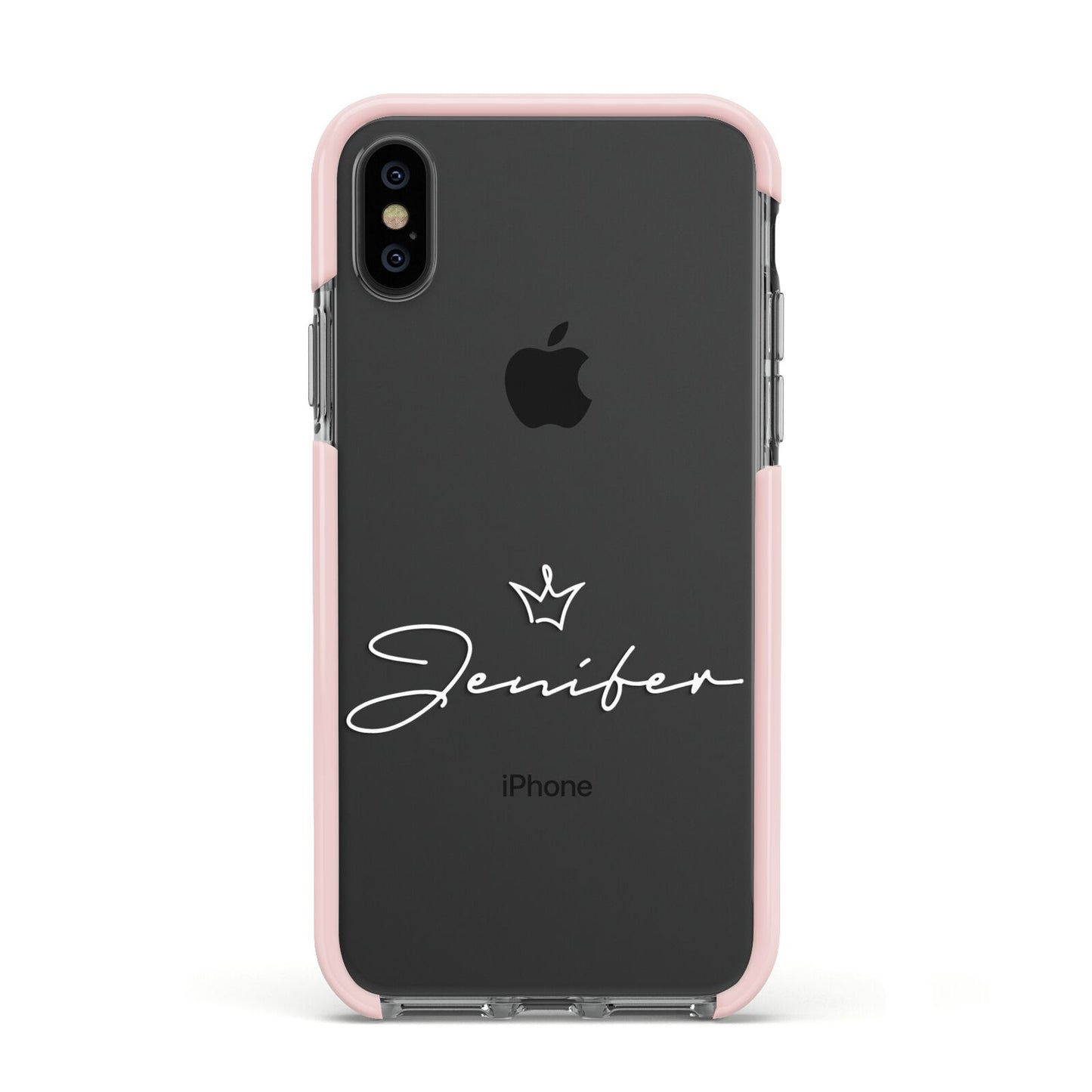 Personalised White Text Transparent Apple iPhone Xs Impact Case Pink Edge on Black Phone